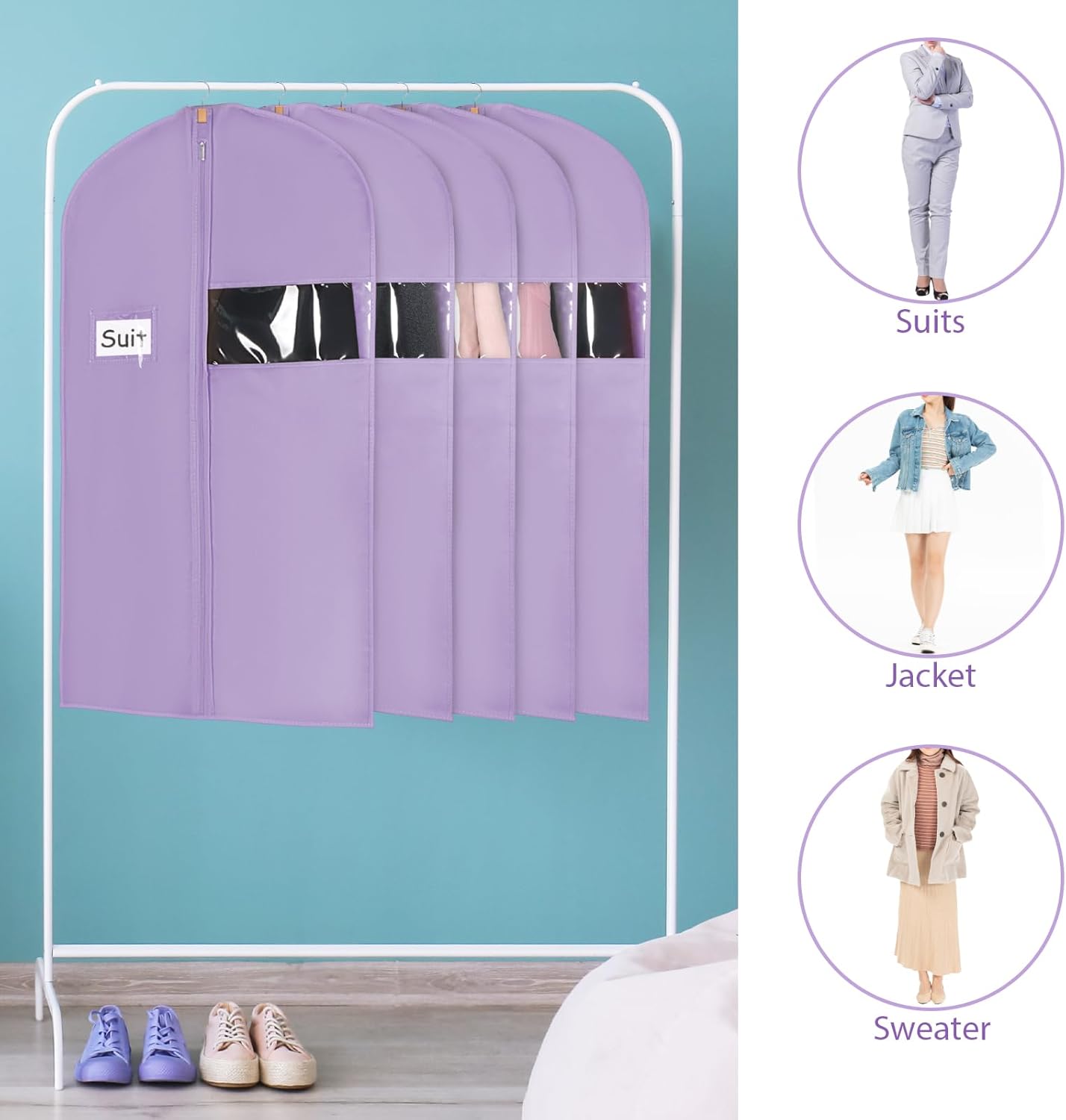 Syeeiex 40" Suit Bag, Set of 8 Garment Bags for Hanging Clothes, Suit Bags for Closet Storage, Garment Bags for Suits, T-shirts, Jackets, Coats, Business Wear(Purple)