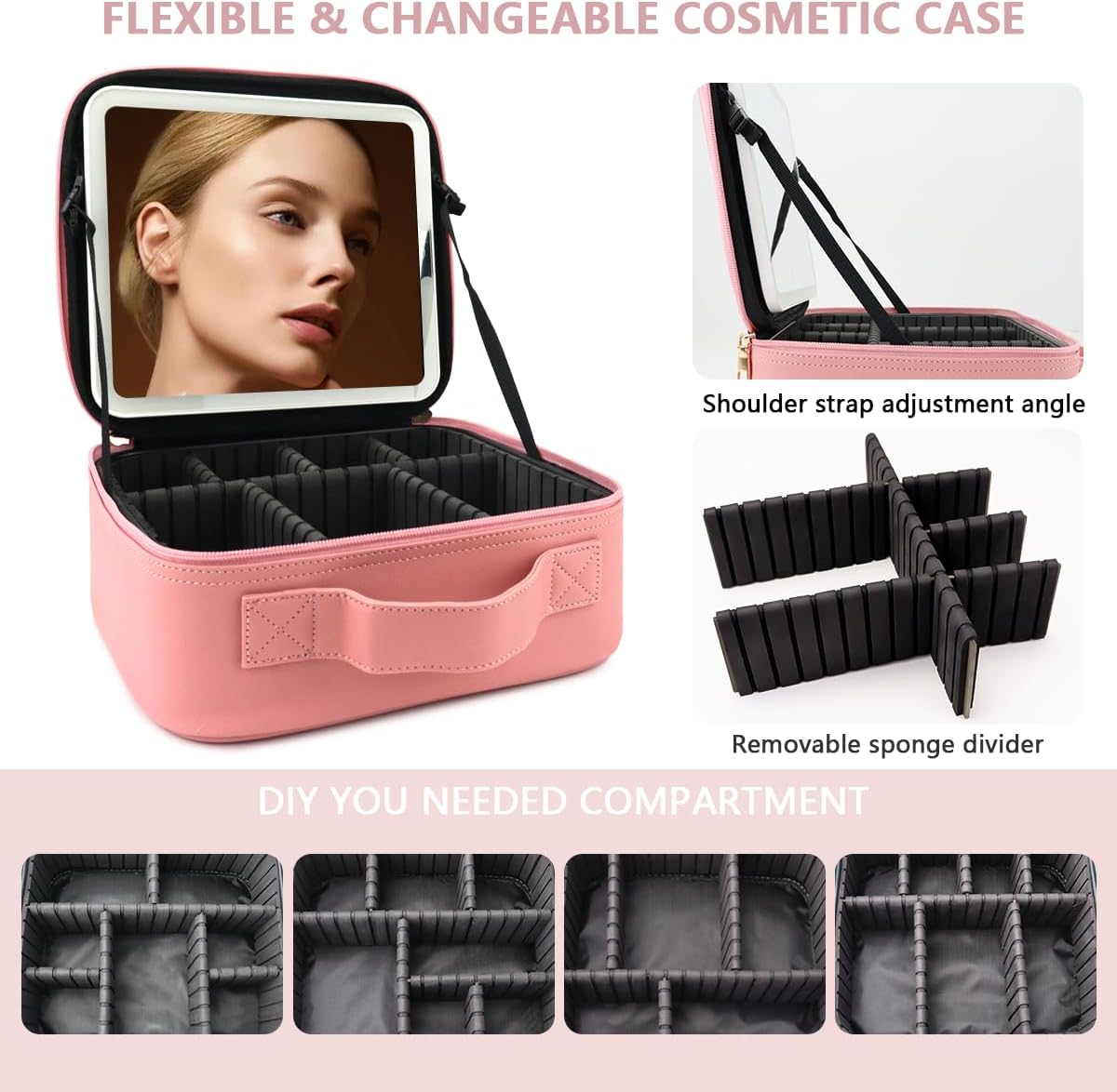 Travel Makeup Bag for Makeup Artists Large Makeup Case,with Mirror 3 Color Setting and Detachable 10x Magnifying Mirror Travel Makeup Bag,Portable Storage and Adjustable Dividers（pink）