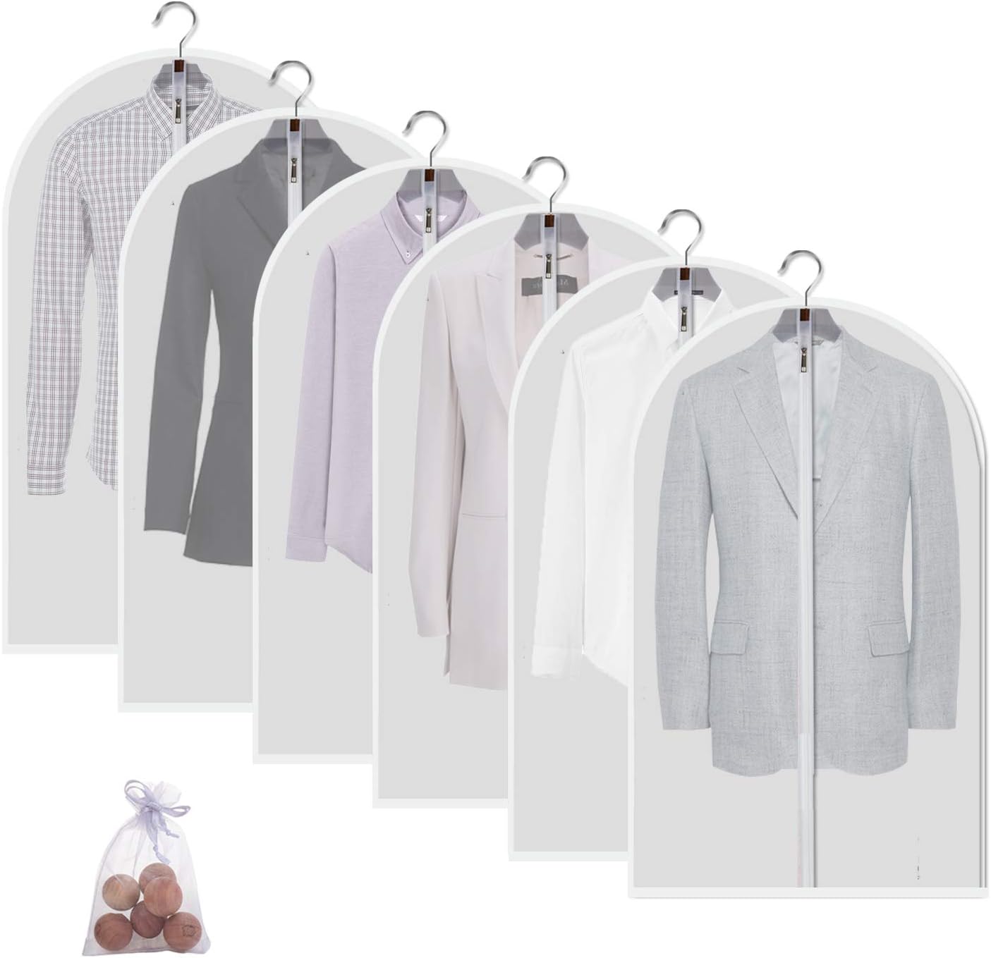 Garment Bags for Hanging Clothes, Clear Plastic Closet Storage Covers with Cedar Balls, 24" x 40", 6 Pack