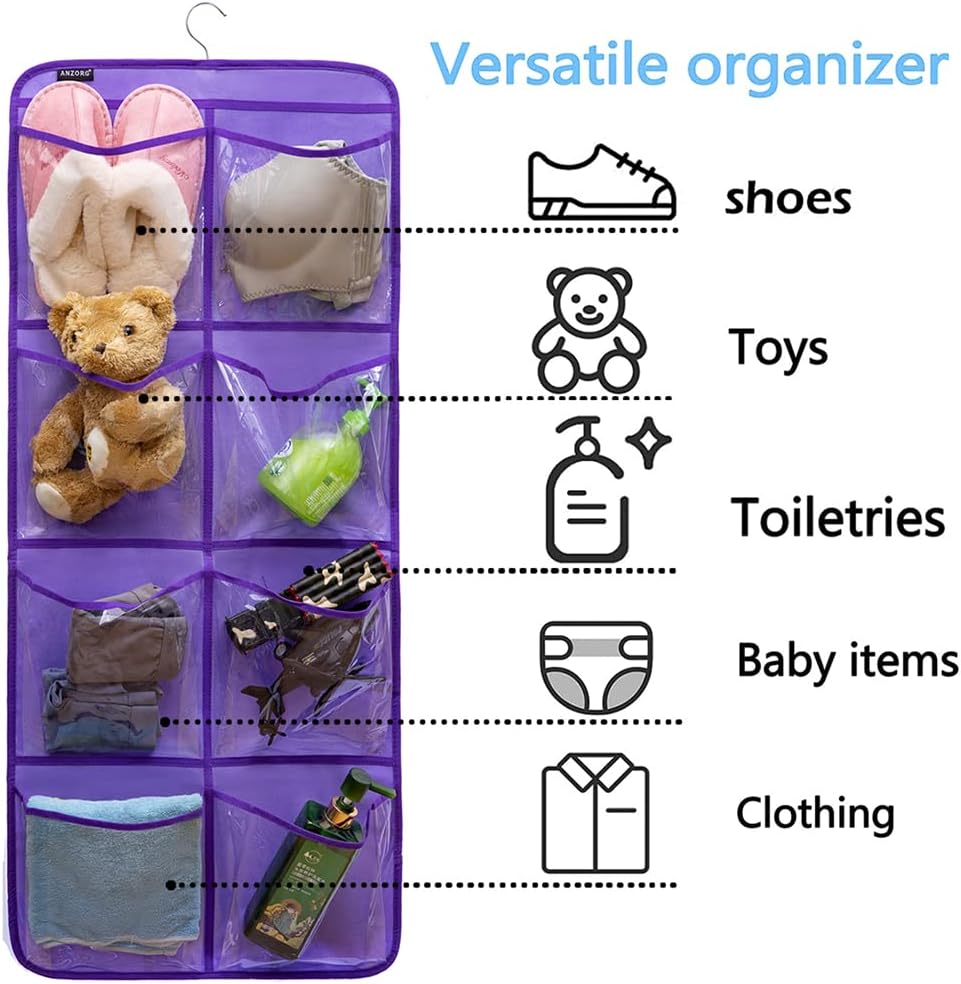 Dual-Sided Hanging Closet Organizer for Socks Underwear Bra Kids Storage Organizer for Baby Clothes Toddler Shoes with 26 Pockets (Purple-Clear Pockets)