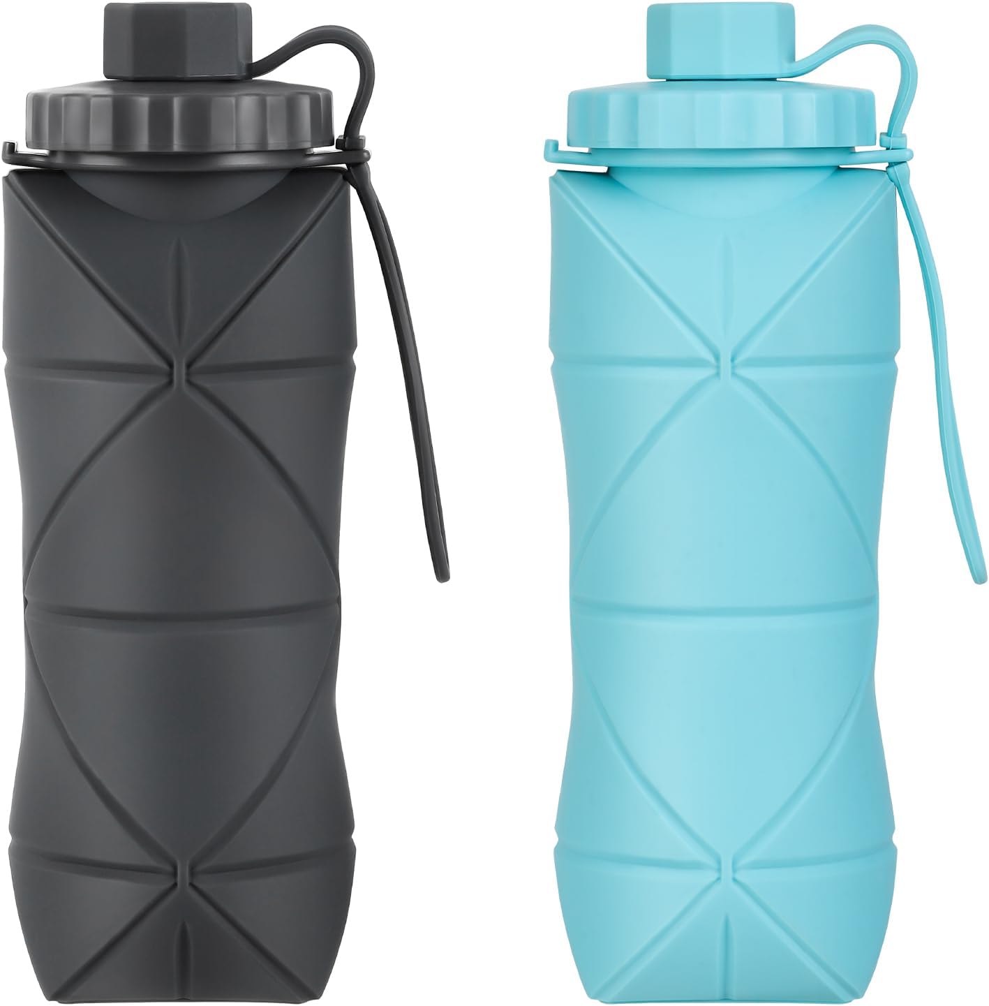 YCT Collapsible Silicone Travel Water Bottle 20oz (600ml), Reuseable Leakproof BPA Free Foldable Sports Bottle, with Carrying Strap, Dark Gray + Blue