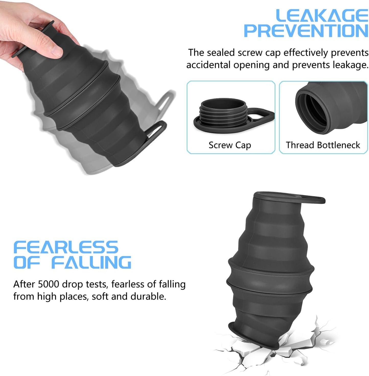 Nefeeko Collapsible Water Bottle,17oz(500ml) Reuseable BPA Free Silicone Foldable Water Bottles for Travel Gym Camping Hiking, Portable Leak Proof Sports Water Bottle with Carabiner