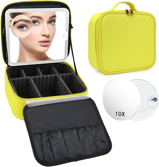 Travel Makeup Bag with LED Mirror and 10x magnifying glass with 3 Lighted Settings, Adjustable Dividers and Makeup Brush Storage Bag Yellow