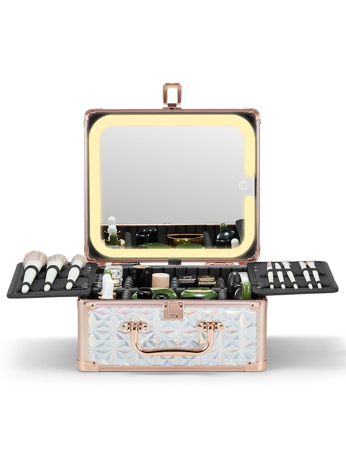 Qislee Makeup Box with A Detachable Lighted Mirror, Waterproof Travel Train Case, Cosmetic Organizer and Makeup Suitcase with Adjustable Dividers, Magnetic LED Mirror(Sparkling Blue)