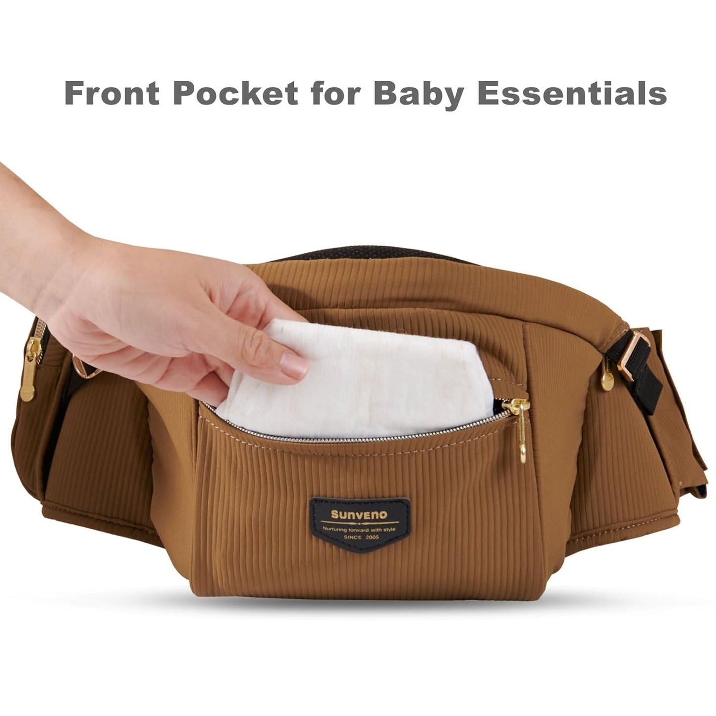 Sunveno Hip Baby Carrier with Seat,Ergonomic Baby Hip Carrier, Front-Facing Baby Holder, Anti-Slip Seat Surface, Wide and Adjustable Waistband,Multiple Pockets, Newborn to Toddler up to 45lbs, Brown