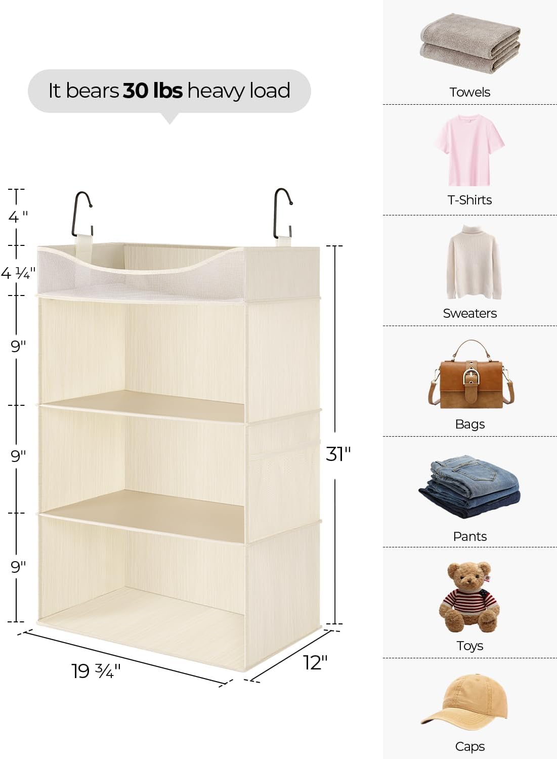 StorageWorks Hanging Closet Organizer, 3-Shelf Hanging Closet Shelves with Top Shelf, 19 ¾"W x 12" D x 31" H, Extra-Large Space, Ivory White