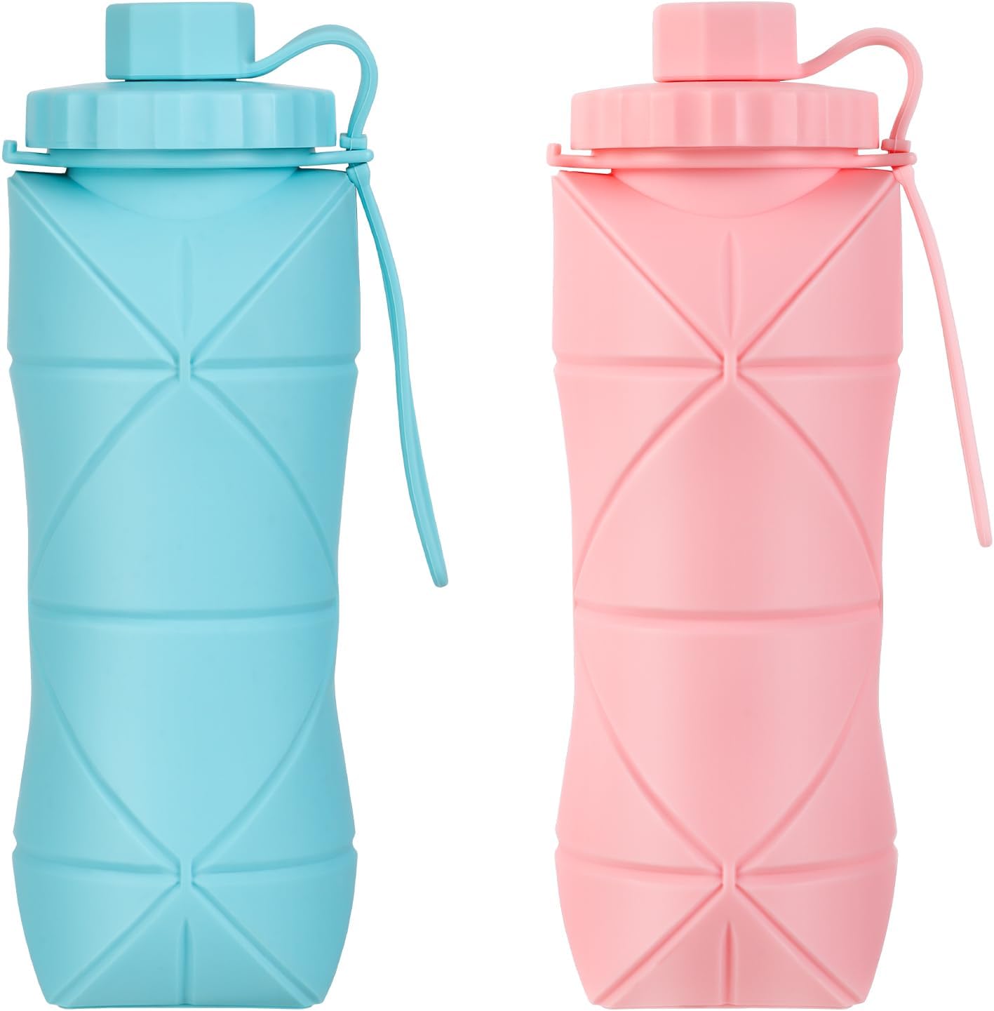 YCT Collapsible Silicone Travel Water Bottle 20oz (600ml), Reuseable Leakproof BPA Free Foldable Sports Bottle, with Carrying Strap, Blue + Pink