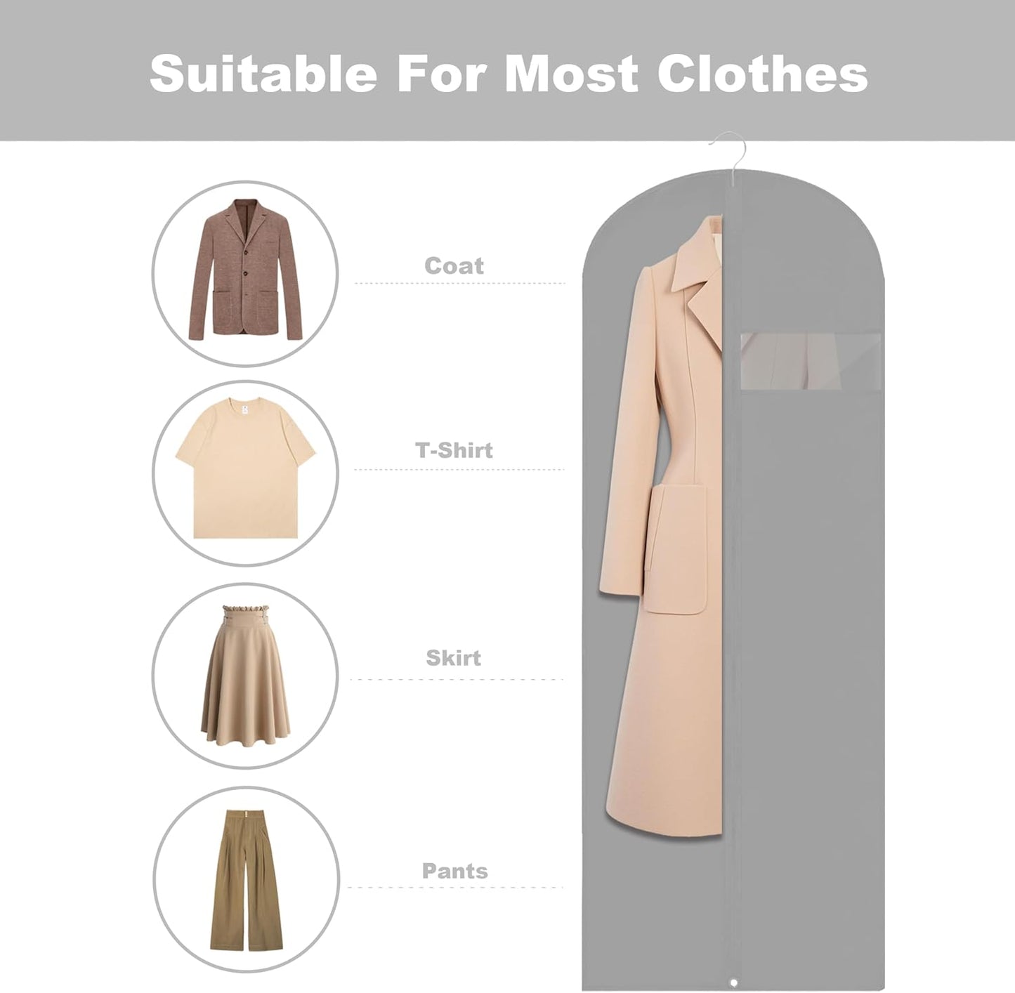 Dress Bags for Gowns Long, 65'' Garment Bags for Hanging Clothes, Suit Bag Cover for Storage and Travel (Grey)
