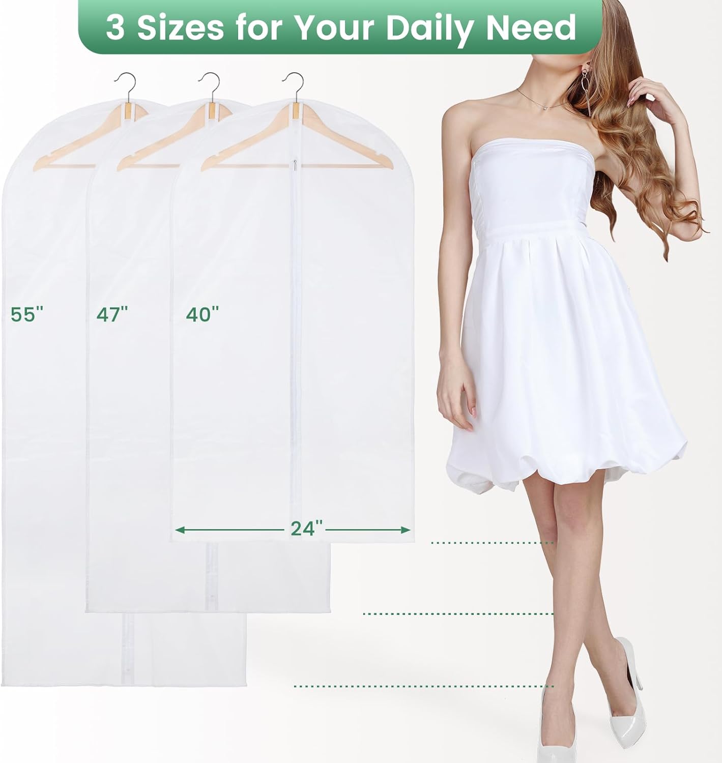 Translucent Garment Bag - 15 Packs Garment Bags for Hanging Clothes Dress Bag Suit Bags for Closet Storage Travel - 24" x 40"/47"/55"