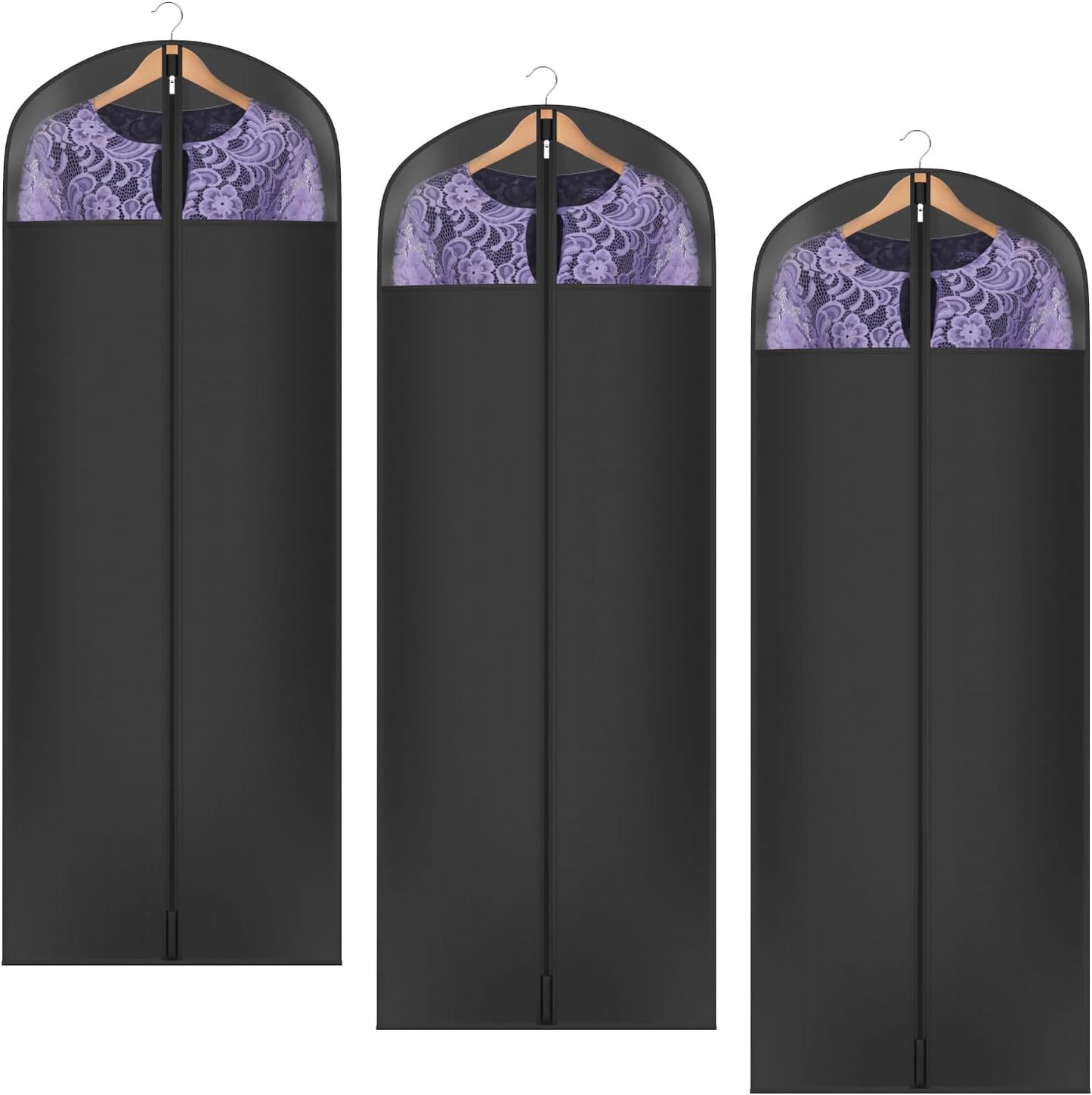 Univivi Long Garment Bags for Hanging Clothes, 65" Dress Bags for Gowns Long for Closet Storage with Large Visible Window for Long Suits, Coats, Dresses, 3 Pack, Black