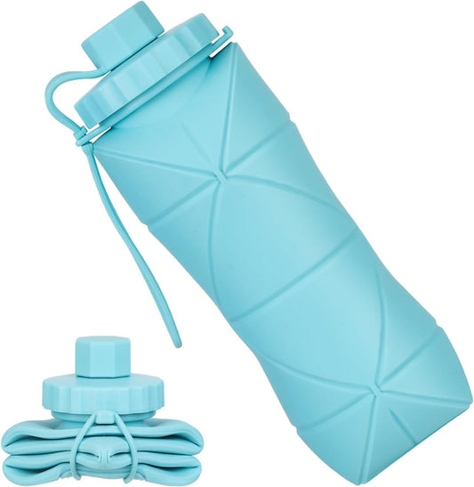 YCT Collapsible Silicone Travel Water Bottle 20oz (600ml), Reuseable Leakproof BPA Free Foldable Sports Bottle, with Carrying Strap, Blue