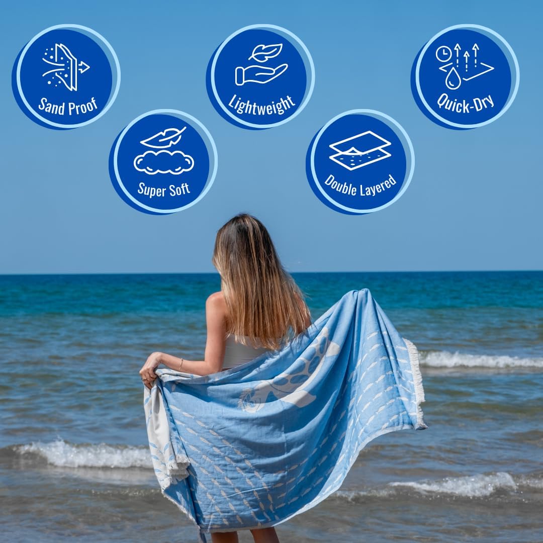 Turkish Beach Towel - 100% Organic Cotton - Soft, Quick-Dry, Sand Proof, Prewashed - Lightweight & Oversized for Beach, Pool, Yoga, Bath, Travel, Gym, Throw - Turqua (Blue)