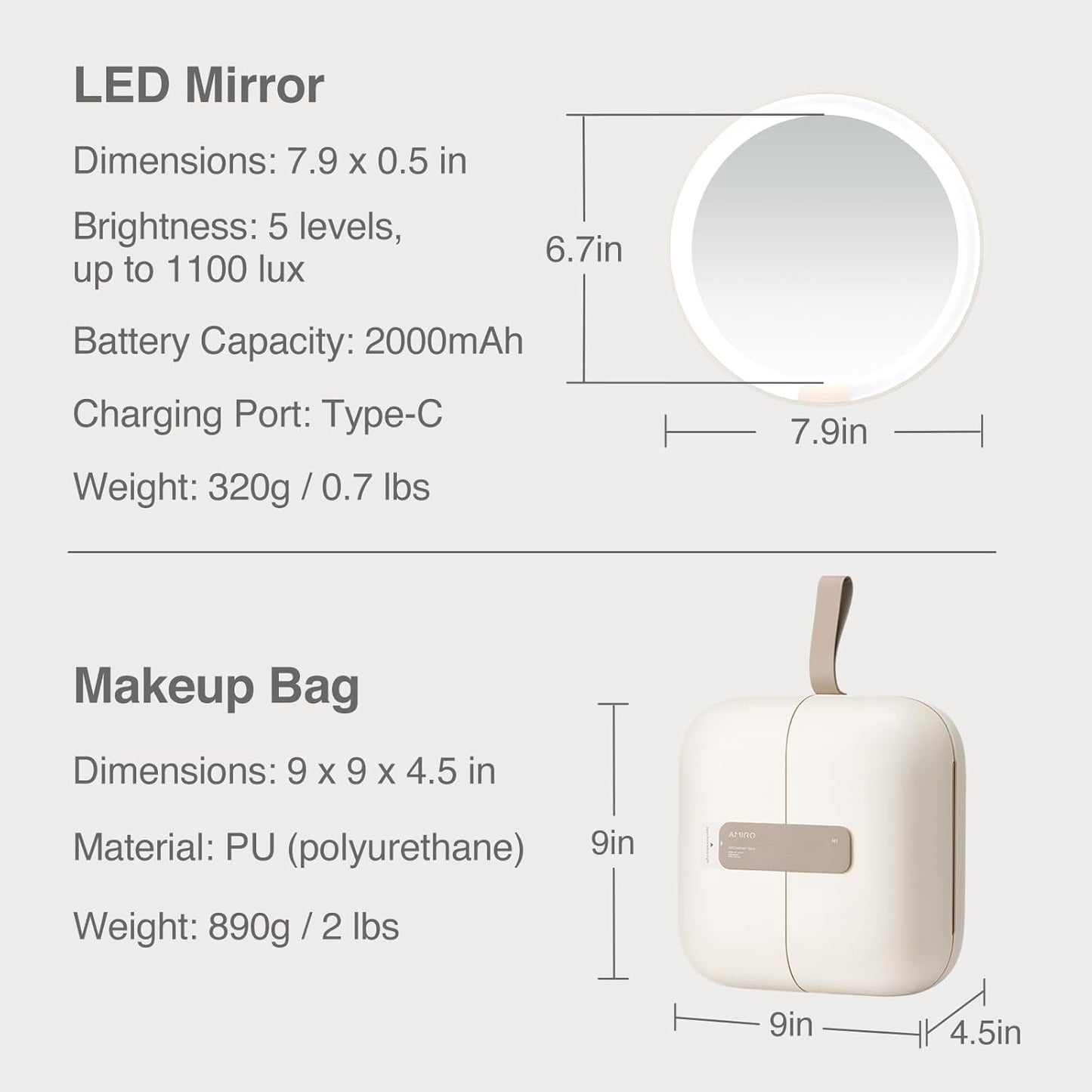 AMIRO M2 Travel Makeup Bag with 5 Level Brightness & 3 Color LED Mirror, Portable Makeup Artist Organizer, White