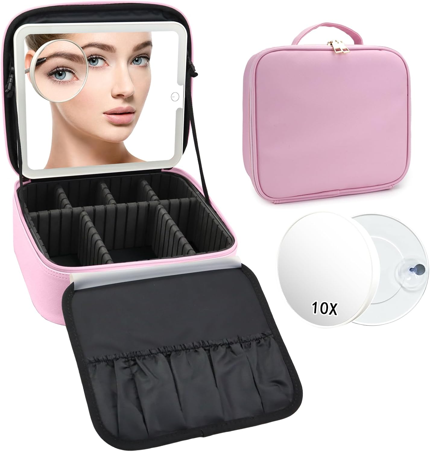 Travel Makeup Bag with LED Mirror and 10x magnifying glass with 3 Lighted Settings, Adjustable Dividers and Makeup Brush Storage Bag Light Pink