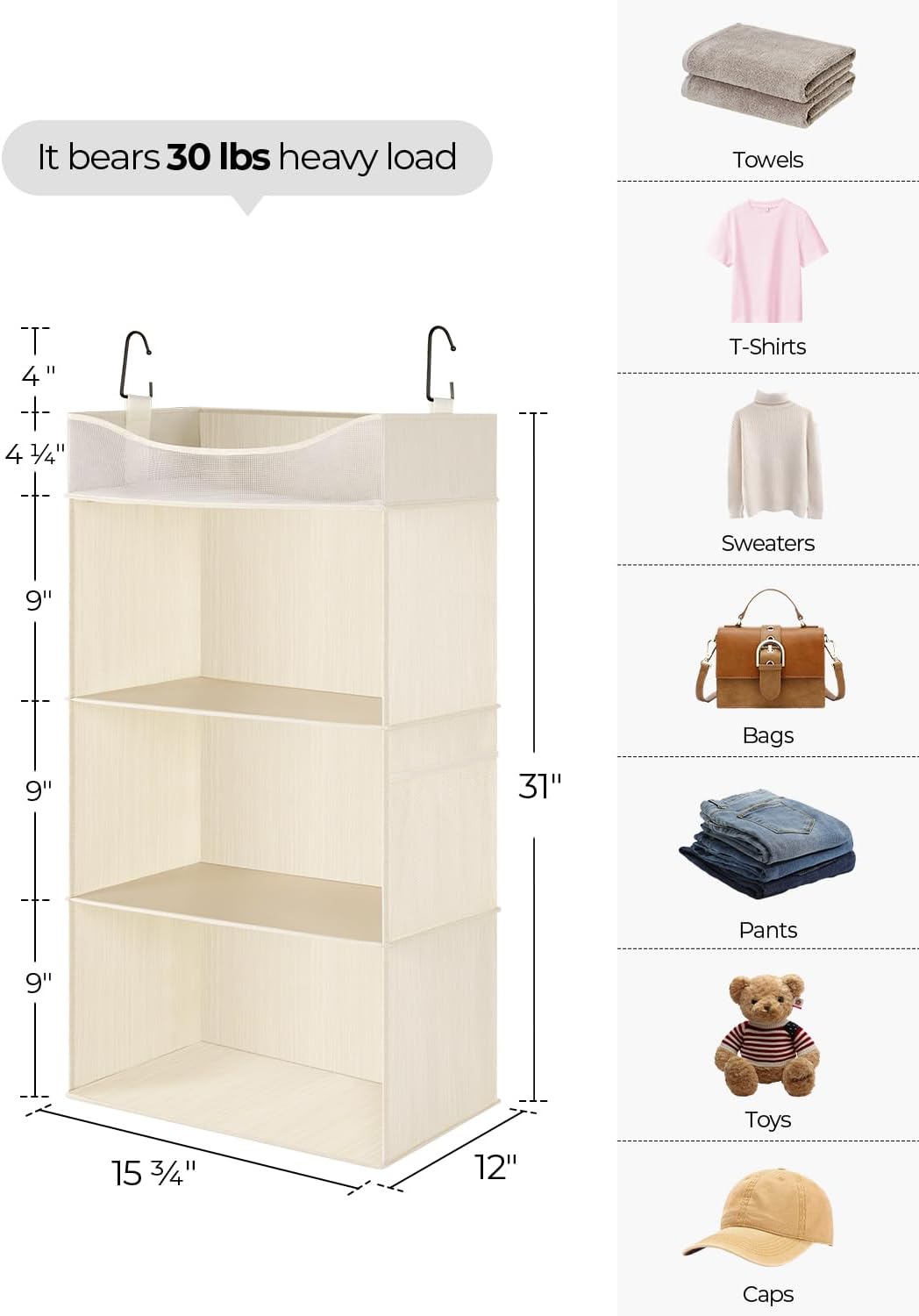 StorageWorks Hanging Closet Organizer, 3-Shelf Hanging Closet Shelves with Top Shelf, 15 ¾"W x 12" D x 31" H, Extra-Large Space, Ivory White