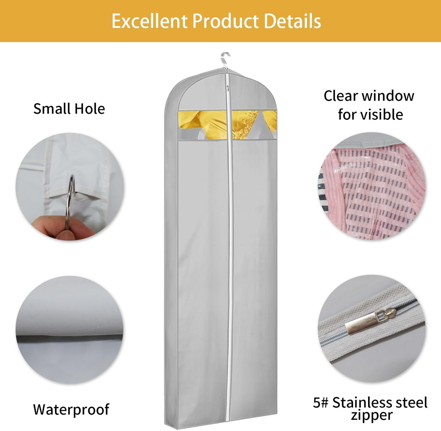 65" Dress Bags for Gowns Long, Dress Garment Bags for Hanging Clothes, Dress Bags for Closet Storage and Traveling, Foldable Dress Cover