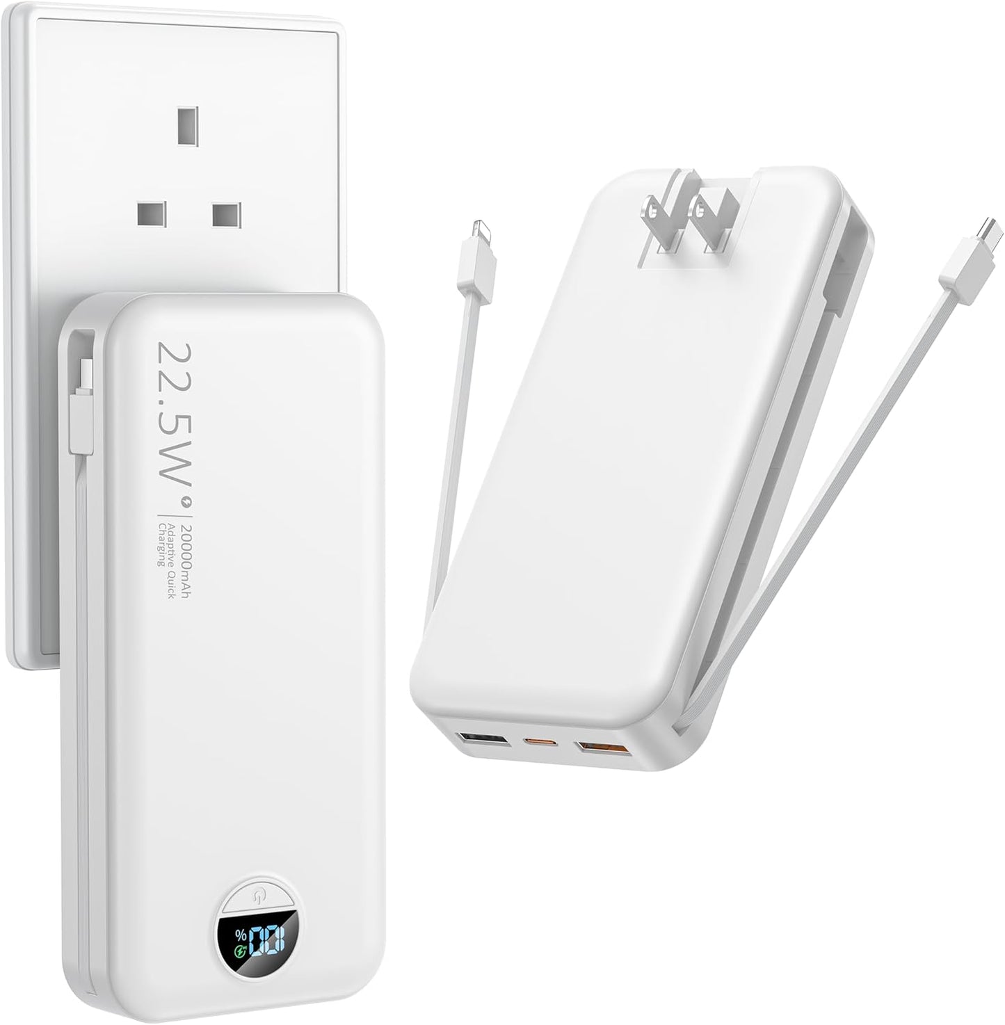 Portable Charger with Wall Plug, 20000mAh USB C Power Bank Fast Charging, External Battery Pack with Built in Cables, Digital Display, 5 Output 2 Input for iPhone Android Cell Phone Tablet