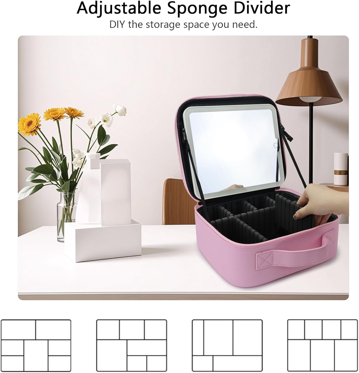 Travel Makeup Bag with LED Mirror Travel Makeup Organizer with 3 Lighted Settings, Adjustable Dividers and Makeup Brush Storage Bag Light Pink