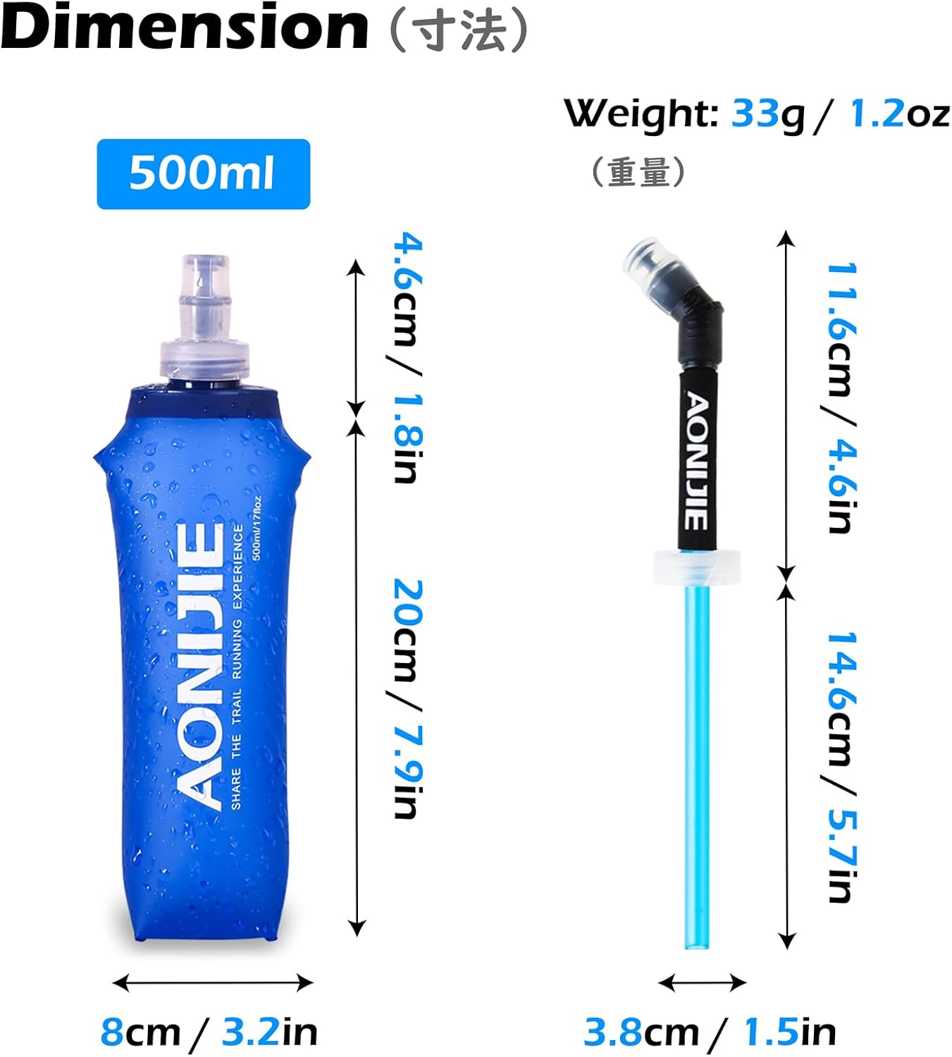 TRIWONDER Collapsible Water Bottles TPU Soft Flask Running Bottles BPA-Free Sports Flasks for Hiking Climbing Camping (500ml/16.91oz with Straws - Pack of 2)