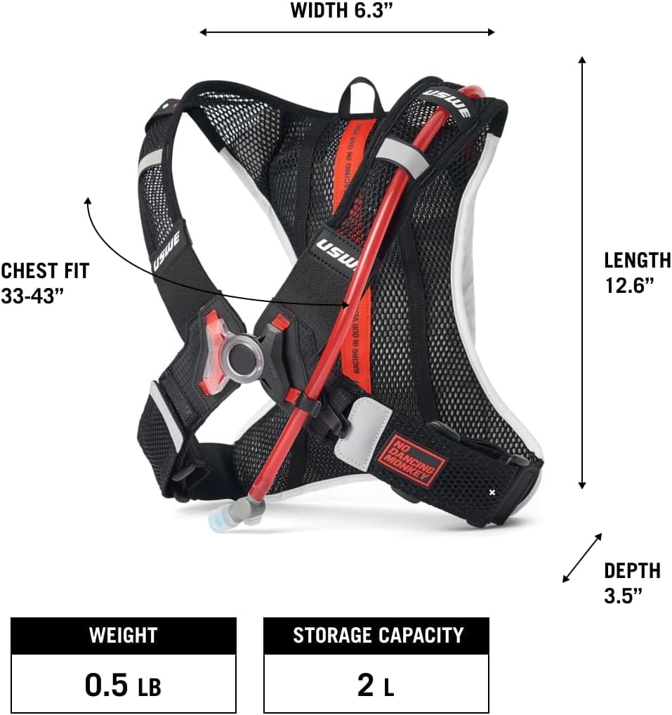 USWE Race 2.0, Ultra Lightweight Hydration Backpack with 2.0L / 70oz Water Bladder, Leak Proof Pack for Gravel, MTB, Running, Hiking, Cycling, Camping, Biking for Men,Women