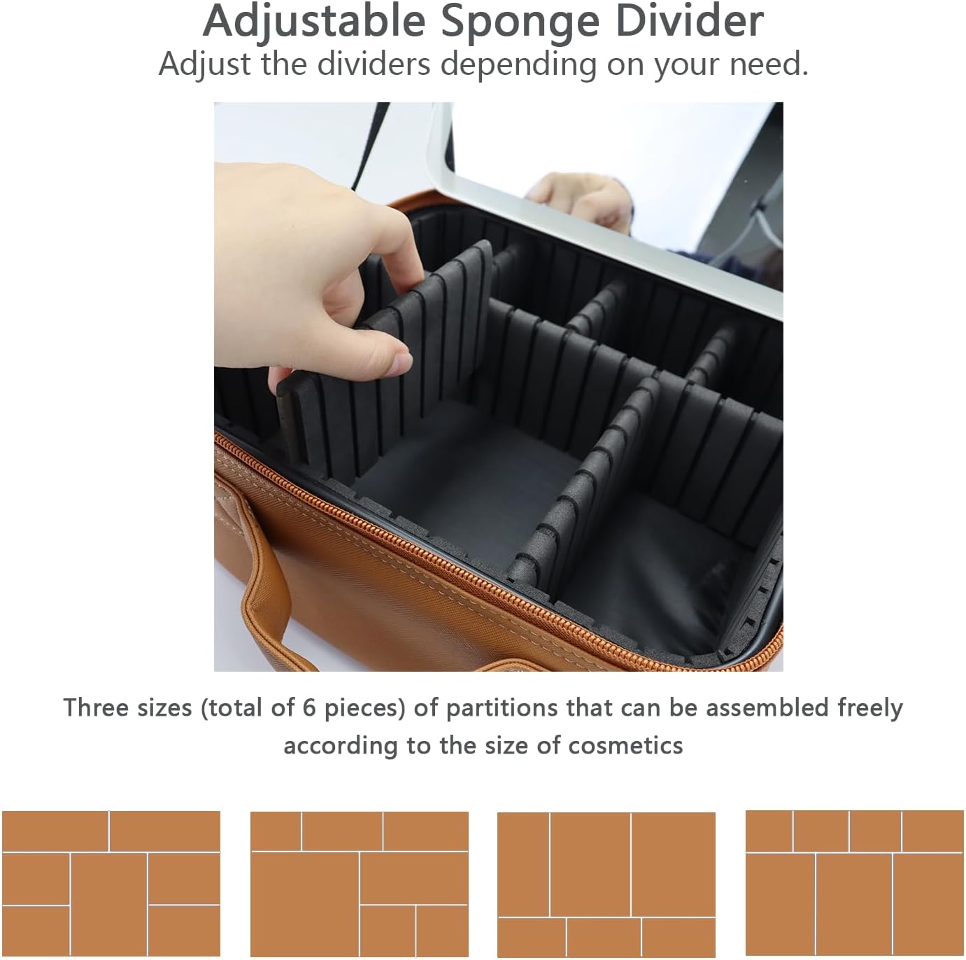 Makeup Bag with Led Mirror,Travel Makeup Organizer with 3 Color Setting & 10X Magnifying Mirror, Portable Storage and Adjustable Dividers Travel Makeup Bag-brown