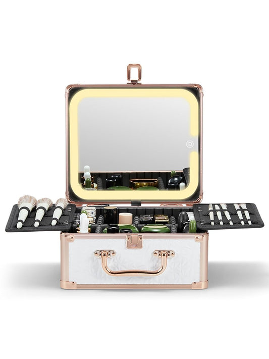 Qislee Makeup Box with A Detachable Lighted Mirror, Waterproof Travel Train Case, Cosmetic Organizer and Makeup Suitcase with Adjustable Dividers, Magnetic LED Mirror(Bright White)