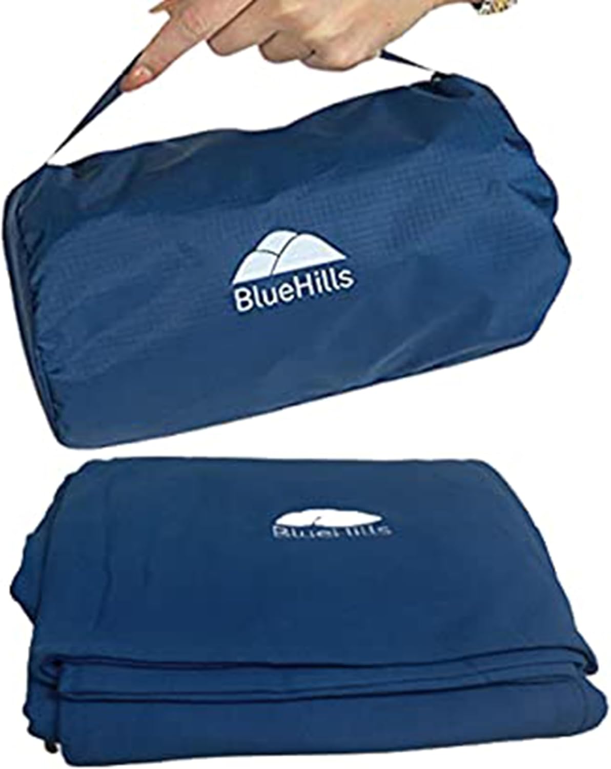 BlueHills Ultra Compact Travel Blanket Pillow in Portable Bag Case with Hand Luggage Belt & Backpack Clip Premium Cozy Soft Compact Pack Large Blanket for Airplane Flight Layover - Navy Blue C001