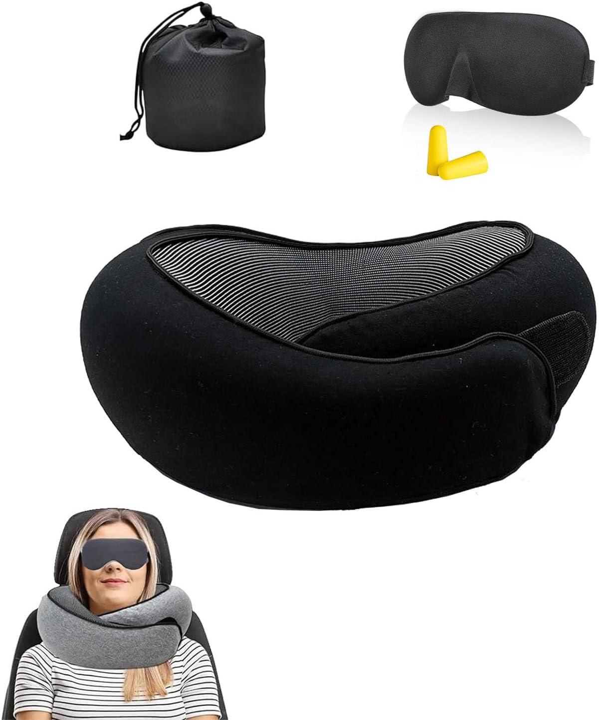 Travel Pillow, Travel Neck Pillow, 360 Degree Comfort and Breathability, Airplane Travel Neck Pillow, Stowable U-Shaped Pillow (Black)