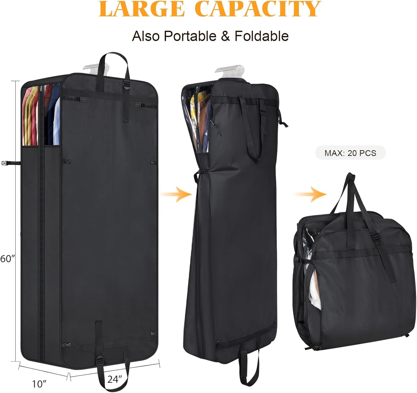 Univivi Hanging Garment Bag for Travel, 60" Heavy Duty Suit Bags, Extra Capacity Hanging Clothes Bag for Closet Storage, Dress Cover with Handles and Buckle Straps for Suit, Coat, Jacket