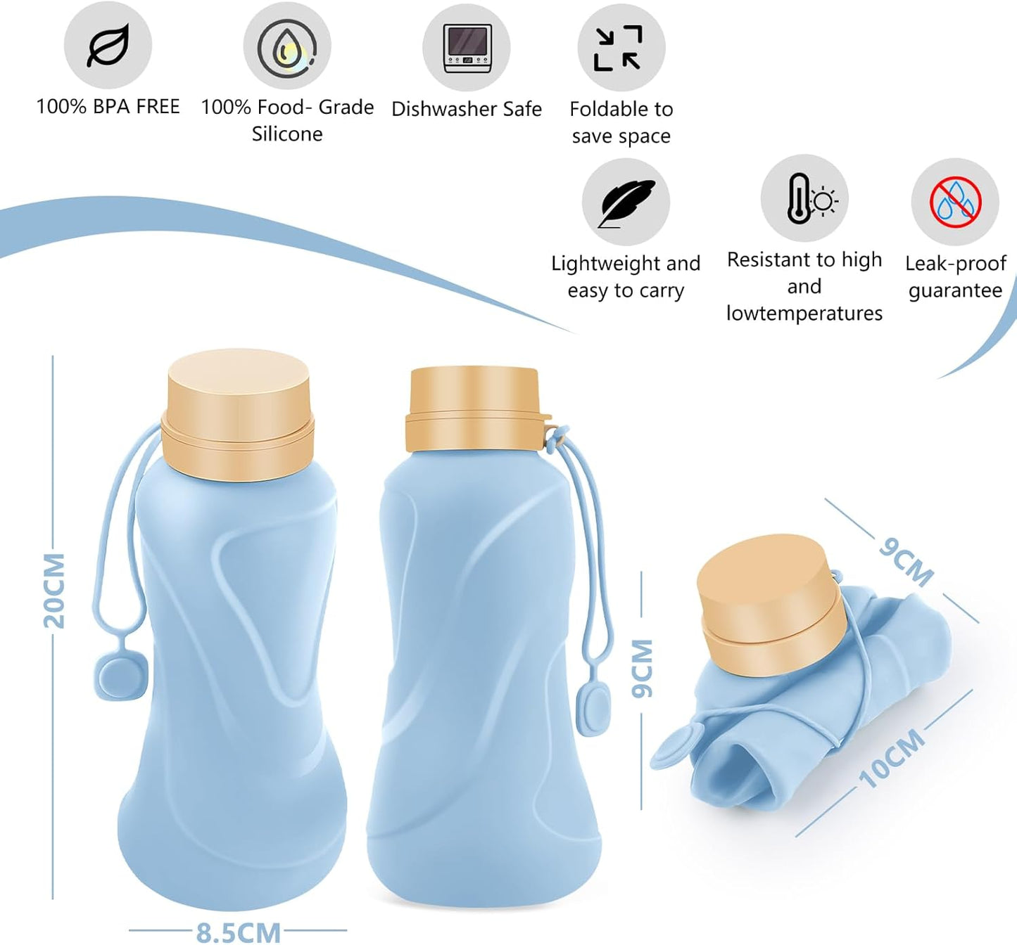 Collapsible Water Bottles,650ml,Leak Proof,Reuseable BPA Free Silicone Foldable Water Bottles,Durable Lightweight for Travel Gym Camping Hiking,Compact Size Portable Sports Water Bottle (Blue)