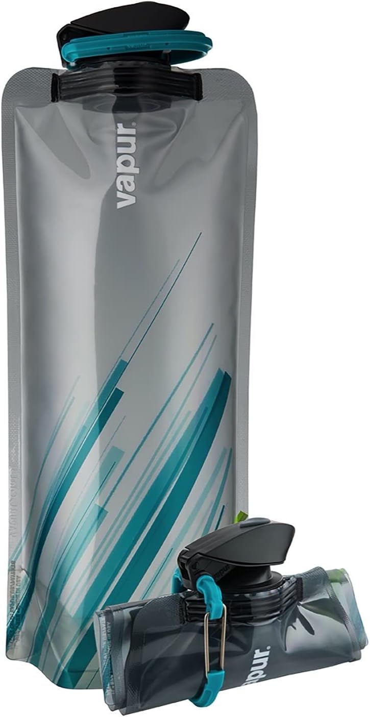 Vapur Collapsible Water Bottle With Carabiner, Compact Bottle Folds Flat For Hydration On The Go, Ideal for Traveling, Hiking or Camping, 34 Ounce, Grey & Teal, Pack of 2