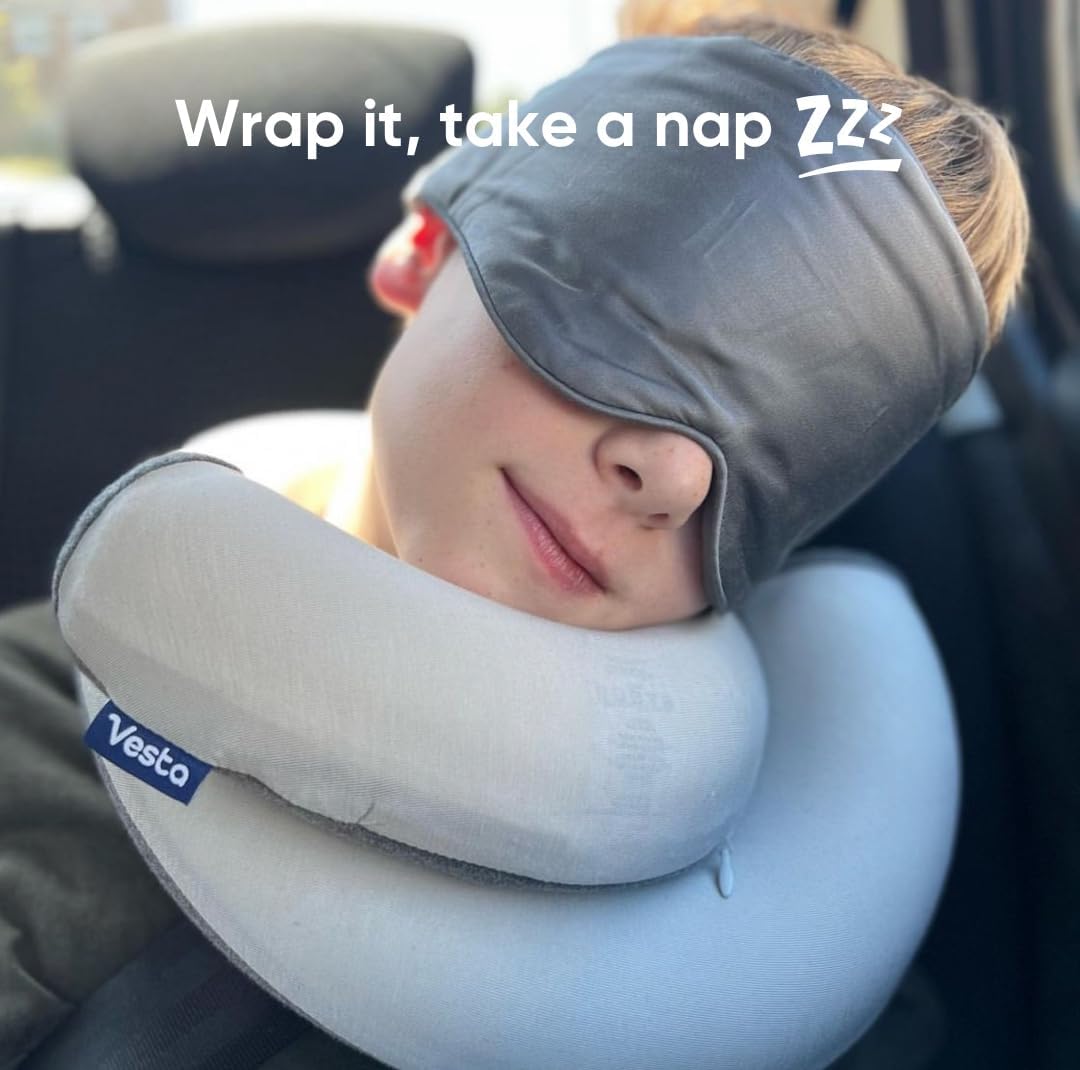 Vesta Loop Neck Pillow for Travel, Spiral Wrapping Design for Enhanced Chin & 360º Support, S-Shape Memory Foam Airplane Pillow for Flight, Car, Office, and at Home (Space Grey, S-Shape)