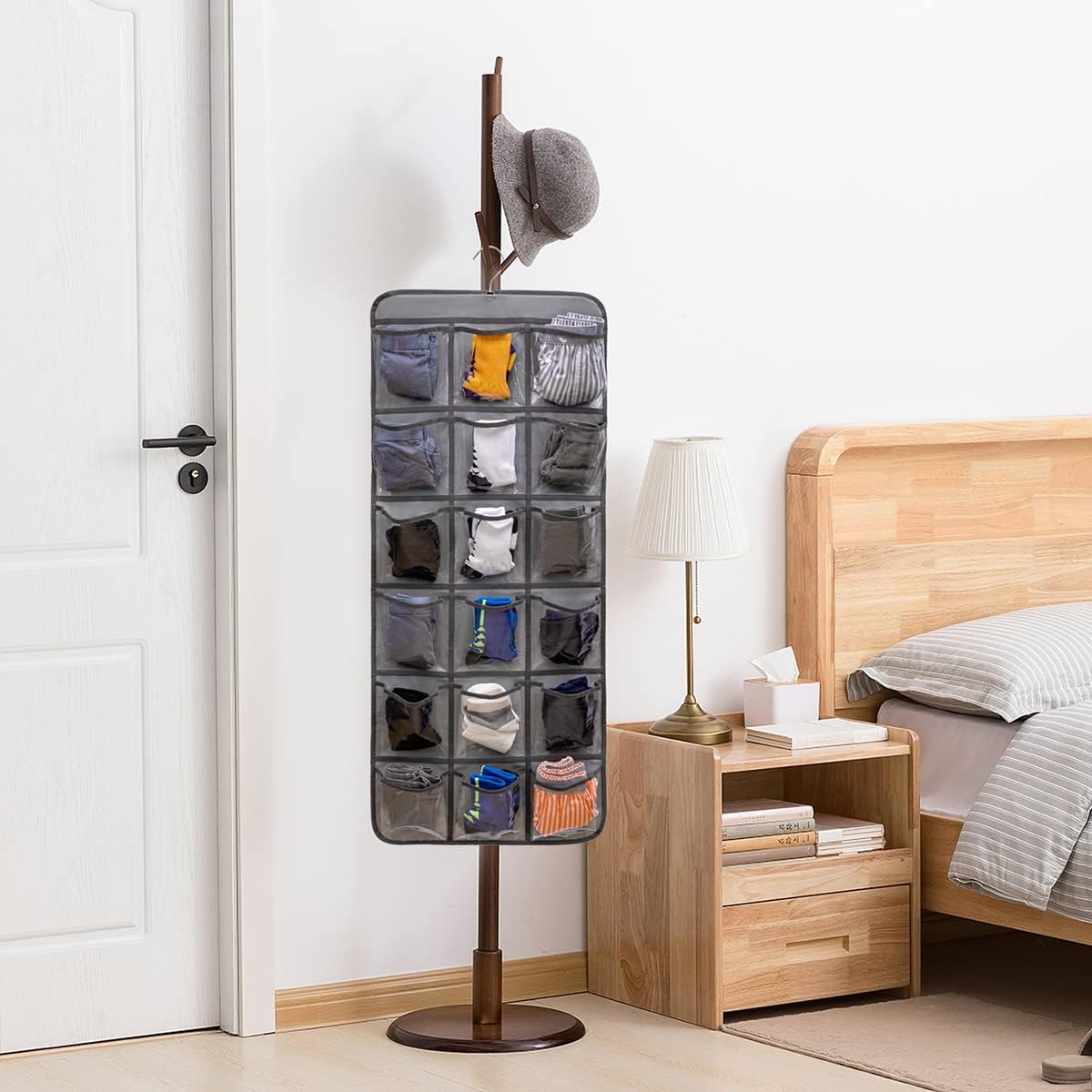 Dual-Sided Hanging Closet Organizer for Socks Underwear Bra Kids Storage Organizer for Baby Clothes Toddler Shoes with 26 Pockets (Grey-Clear Pockets)