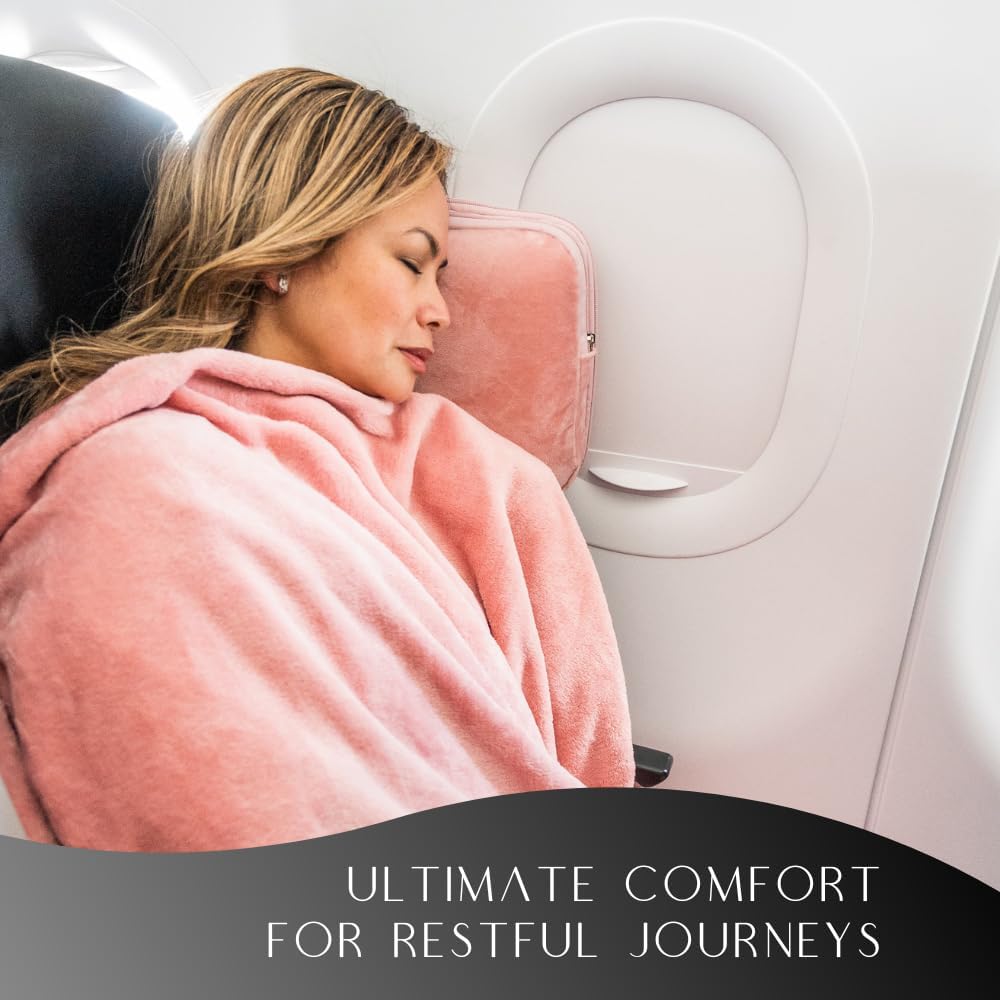 Travel Pillow and Blanket Set - 4-in-1 Ultimate Travel Kit with Memory Foam Pillow, Travel Blanket, Sleep Mask, and Earplugs-Ultimate Comfort and Coziness for Your Journeys - Pink