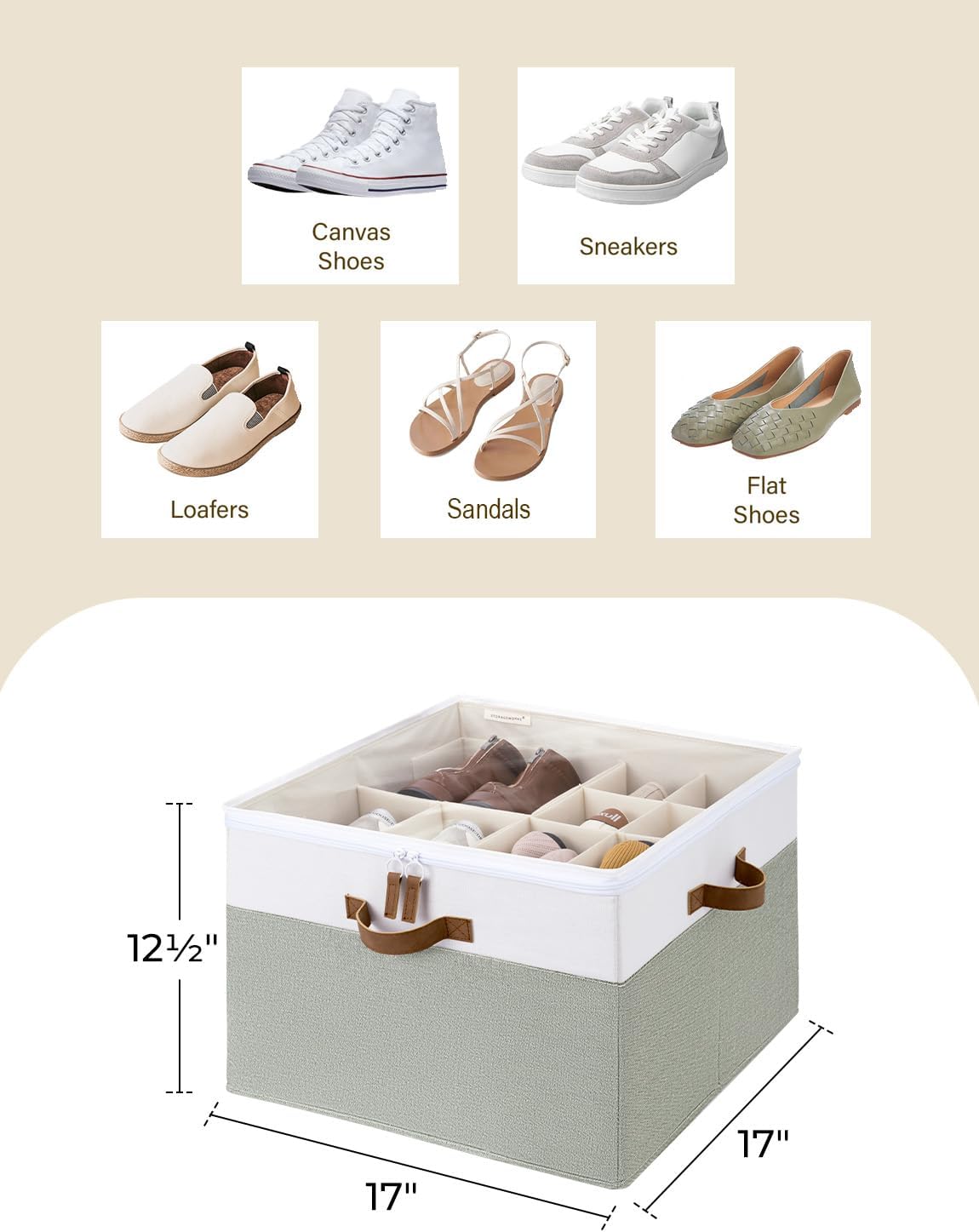 StorageWorks Shoe Organizer for Closet, Fits up to 16 Pairs, Shoe Cubby Storage Containers with Adjustable Dividers and Clear Cover, Green & White