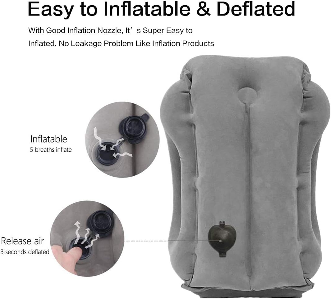 Inflatable Travel Air Pillow for Sleeping to Avoid Neck and Shoulder Pain, Comfortably Support Head and Lumbar, Used for Airplane, Car, Bus and Office (Grey)