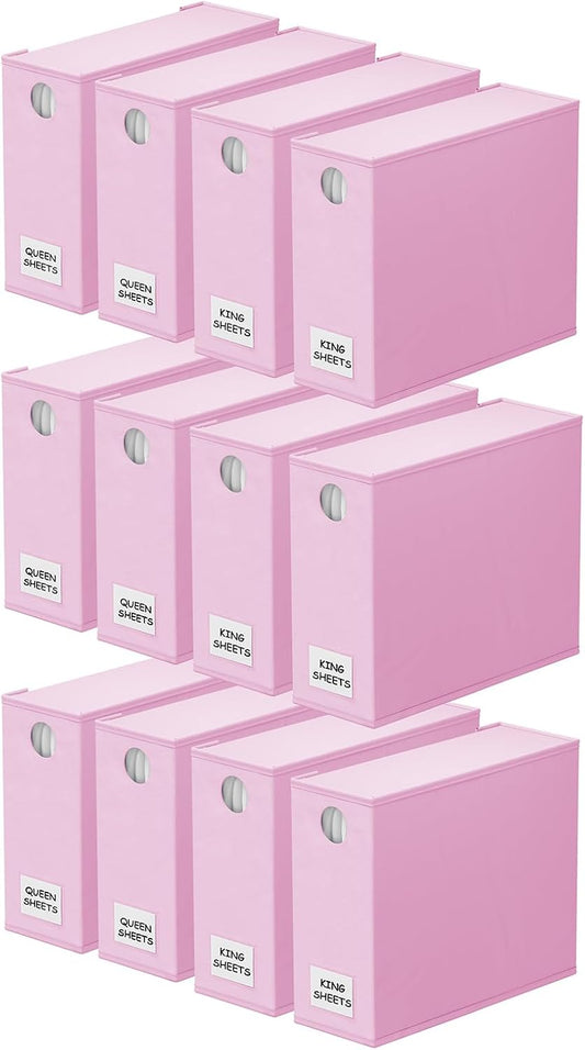 SpaceAid 12 Pack Bed Sheet Organizers and Storage, Foldable Sheet Organizer for Linen Closet, Sheets Set Folder Keeper with Window XL (Queen & King Size) Bedding Container (Pink, 12 Pack)