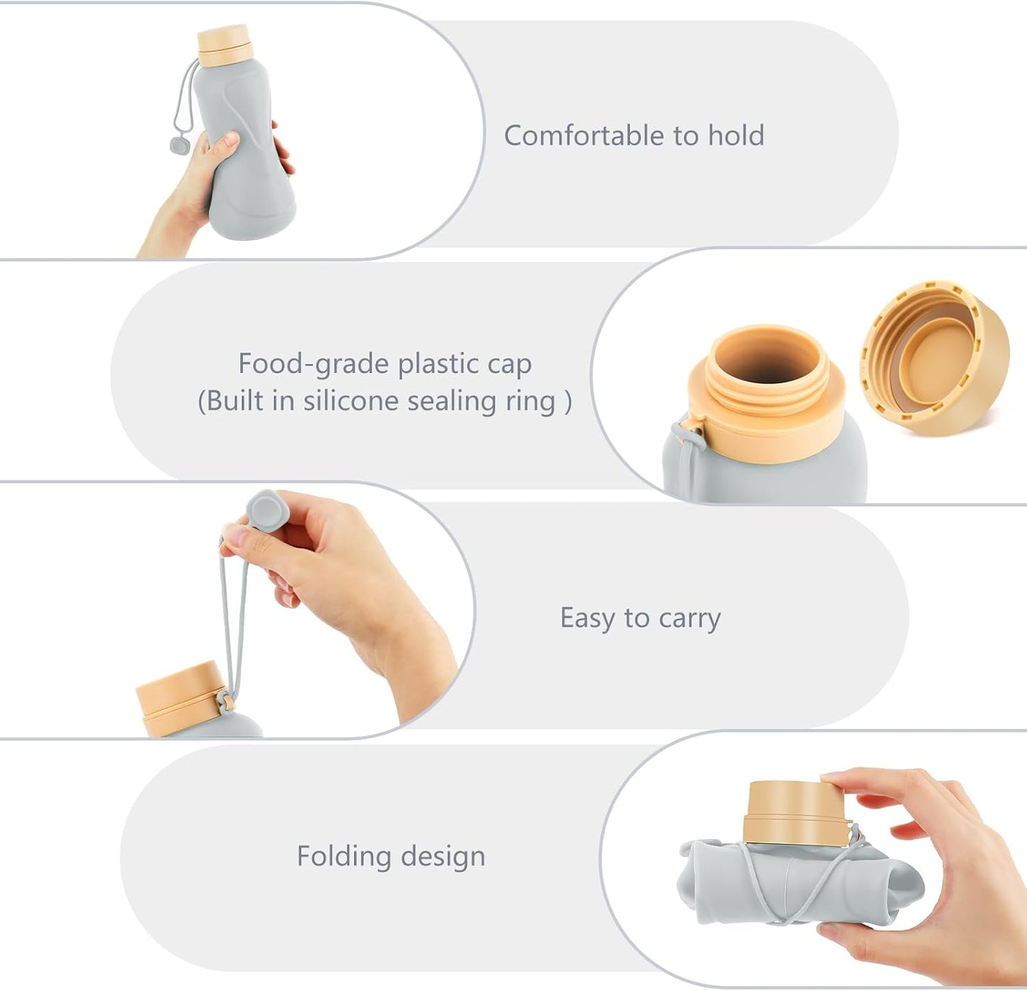Collapsible Water Bottles,650ml,Leak Proof,Reuseable BPA Free Silicone Foldable Water Bottles,Durable Lightweight for Travel Gym Camping Hiking,Compact Size Portable Sports Water Bottle (Grey)