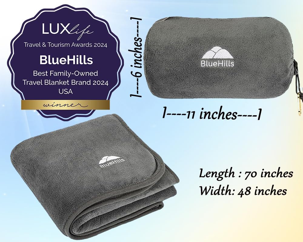 BlueHills Travel Blanket Pillow Rolled Premium Soft Plush Airplane Throw Traveling Essentials Compact in a Bag 70 X 48 inches for Long Plane Flight Portable Lightweight Grey Gray R01