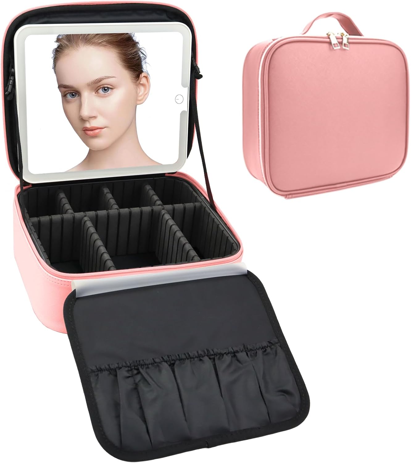 Travel Makeup Bag with LED Mirror Travel Makeup Organizer with 3 Lighted Settings, Adjustable Dividers and Makeup Brush Storage Bag Pink