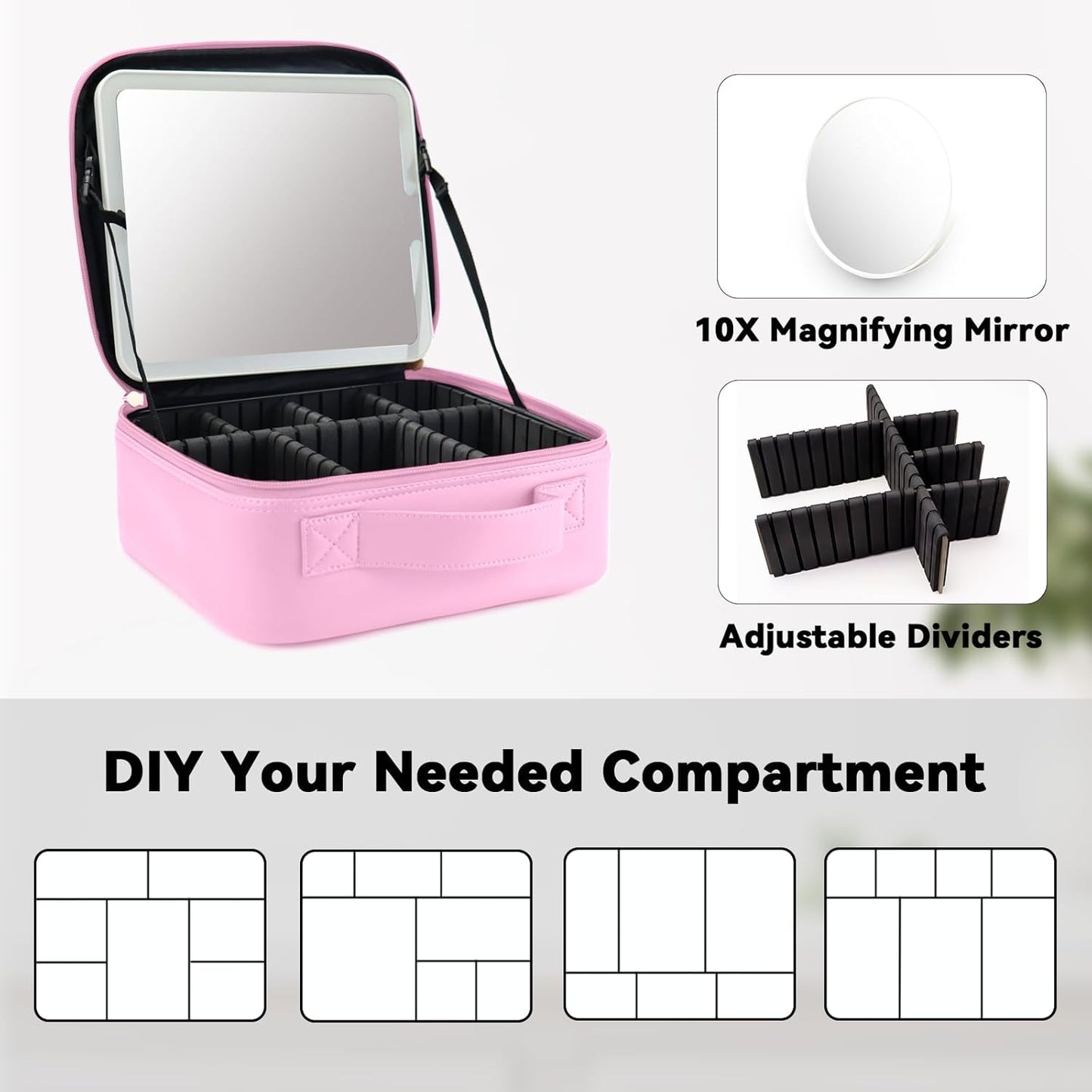 Travel Makeup Bag with LED Mirror and 10x magnifying glass with 3 Lighted Settings, Adjustable Dividers and Makeup Brush Storage Bag Light Pink