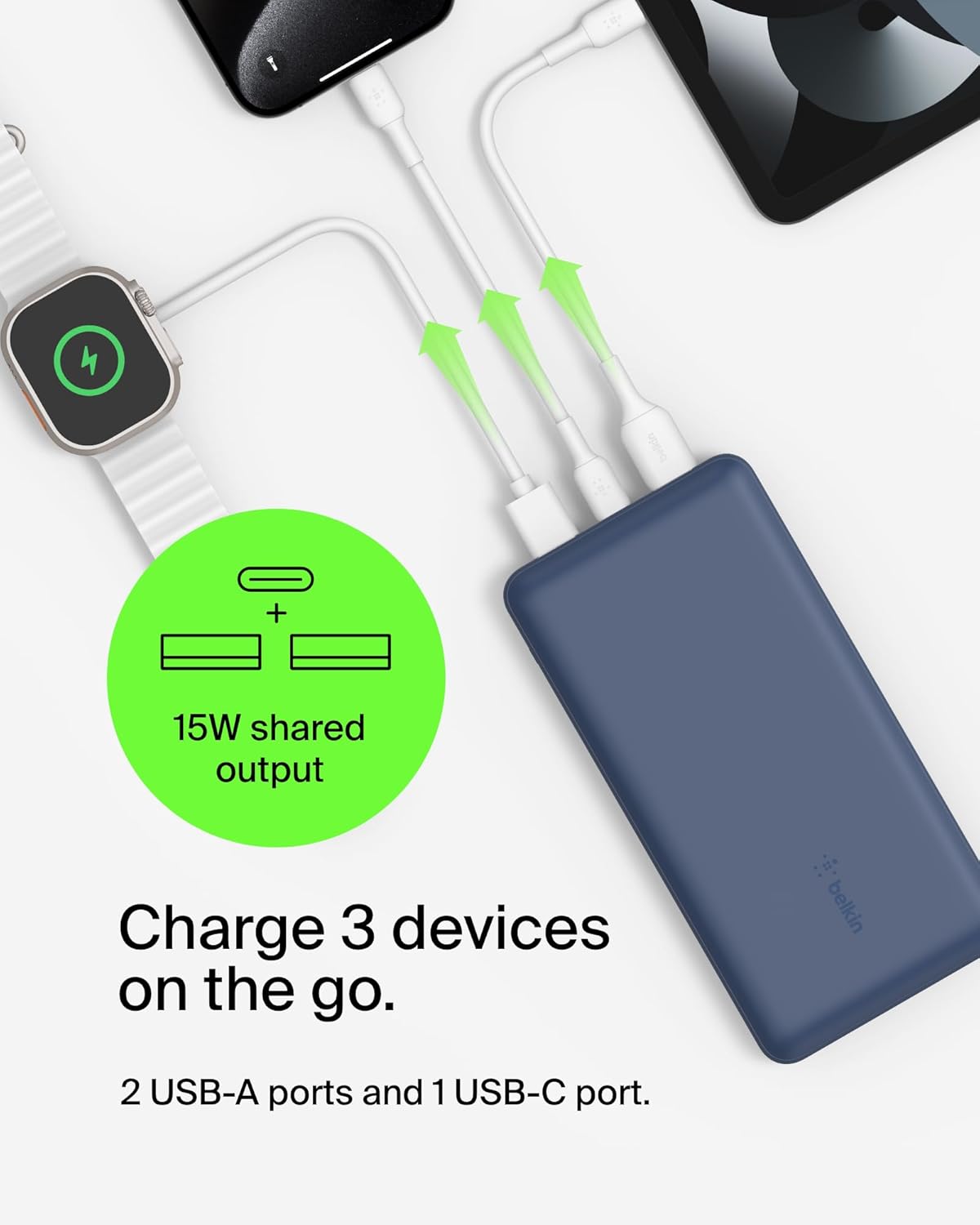 Belkin Portable Charger, USB C Power Bank 20000 mAh w/ 2 USB-A Ports, 15W w/ Type-A to Type-C Cable for iPhone 16, 15, Plus, Pro, Max, Samsung Galaxy S25, S24, Google Pixel 10, iPad, etc. - Blue