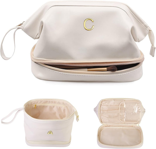 Women Gifts, Initial Makeup Bag, Personalized Double Layer Cosmetic Bag with Makeup Brush Organizer, Waterproof, Large Capacity PU Leather Travel Toiletry Bag, Gift for Wife
