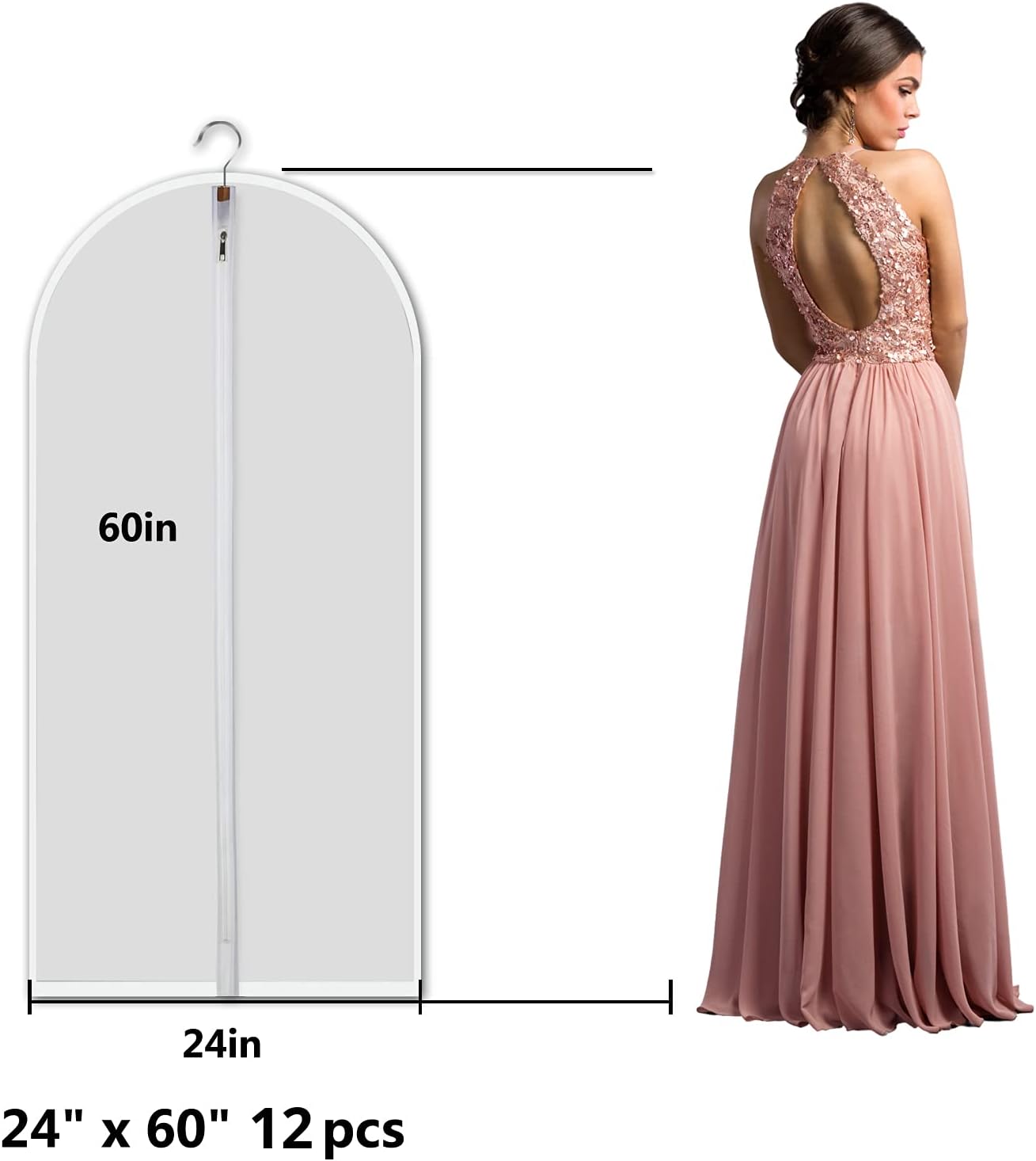 Clear Garment Bags Hanging Clothes Bags (Set of 6) for Closet Storage Plastic Bag with Zipper for Extra Longer Dress Wardrobe Closet Garment Dust Cover Bags - 24'' x 60''/6 Pack