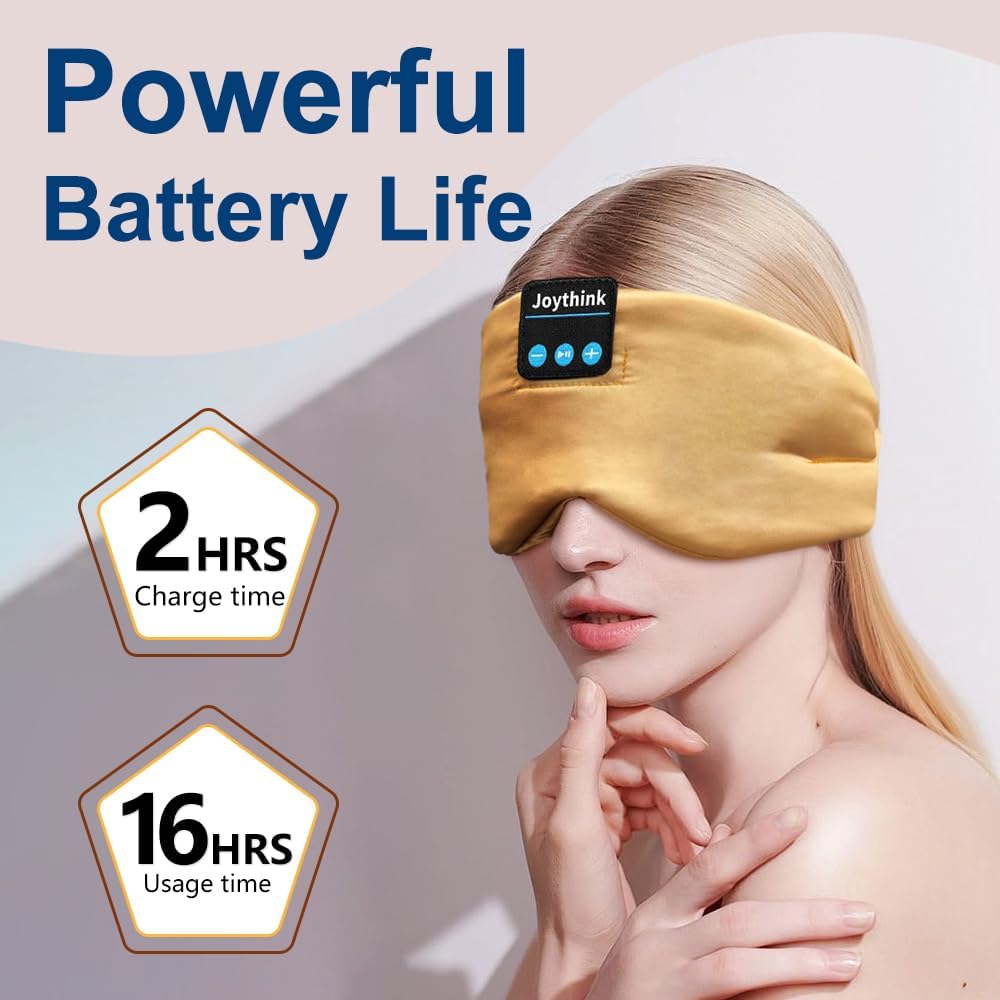 Joythink Sleep Headphones Bluetooth Sleep Mask Silk Headband Earphones Bluetooth Eye Mask for Sleeping On Side Blackout Soft Sleep Earphones Kids Children Music Eye Cover Champagne Gold
