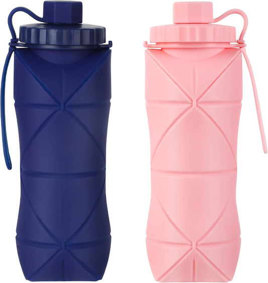 Silicone Collapsible Water Bottles,Lightweight Reusable Leakproof For Traveling Camping Hiking Cycling Sports Outdoor,Foldable Portable Travel Water Bottle 600ML Dark Blue And Pink 2Pack.