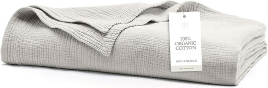 BOLL & BRANCH Dream Bed Blanket - King/Cal King, Mist - Luxury 100% Organic Cotton - Soft, Lightweight and Breathable - Cloud-Like Touch
