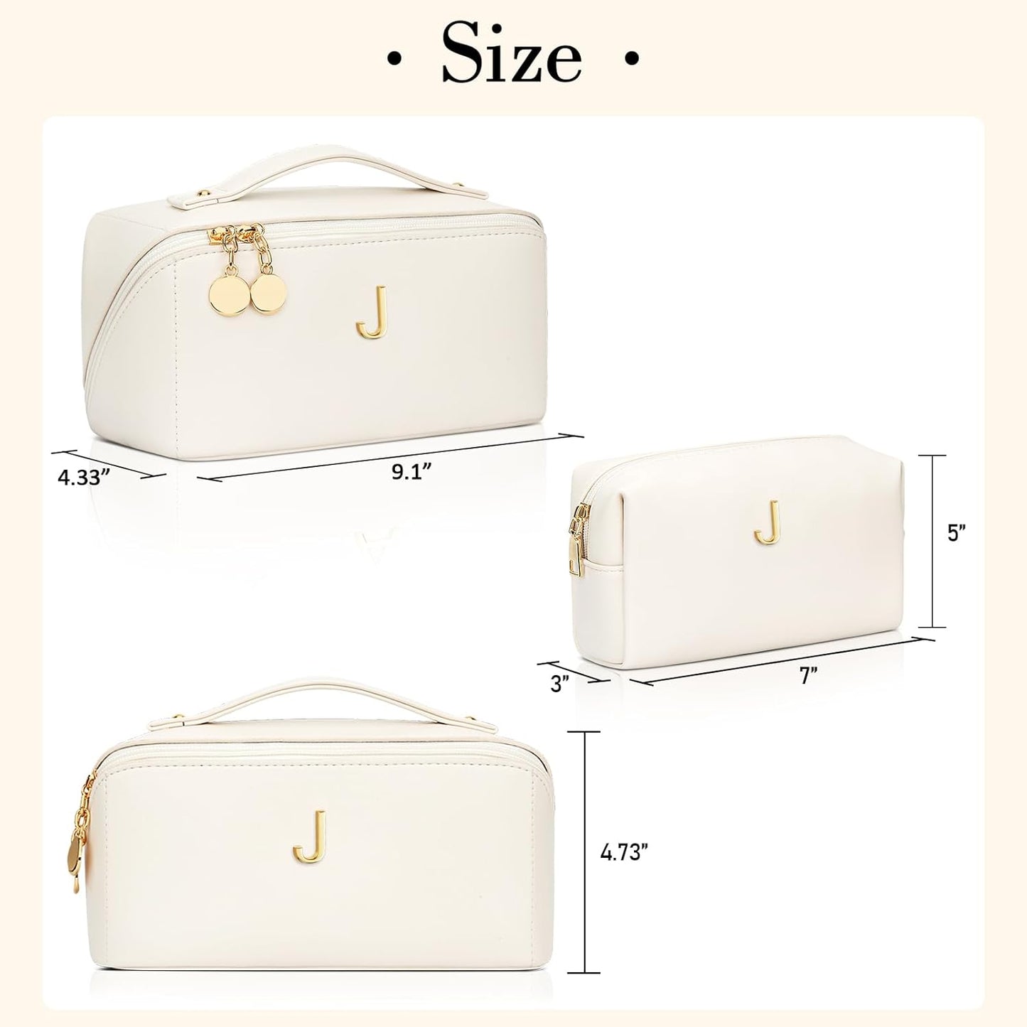 Birthday Gifts for Women Teen Girl, Personalized Initial Makeup Organizer Bag Set, Open Flat Travel Cosmetic Bag With Clear Divider and Handle(Beige,J)