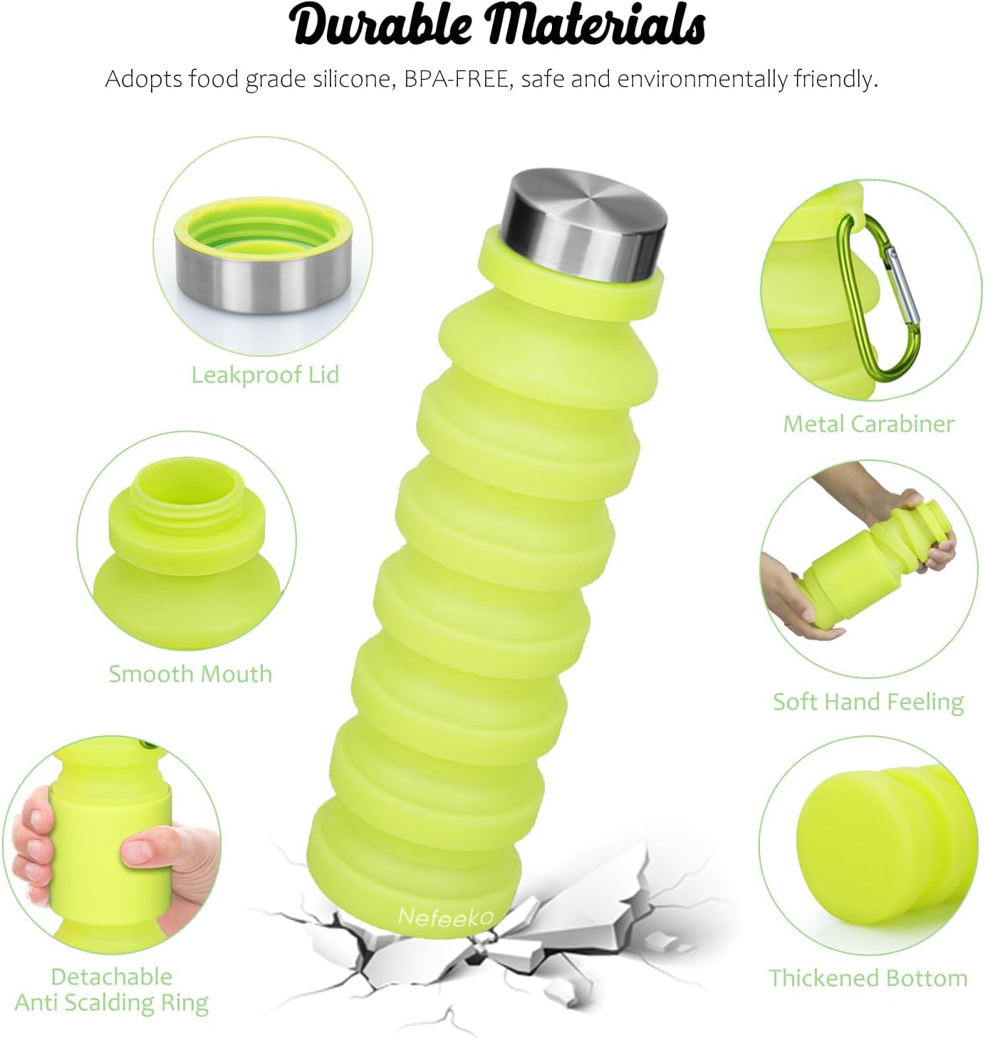 Nefeeko Collapsible Water Bottle, Reuseable BPA Free Silicone Foldable Water Bottles for Travel Gym Camping Hiking, Portable Leak Proof Sports Water Bottle with Carabiner