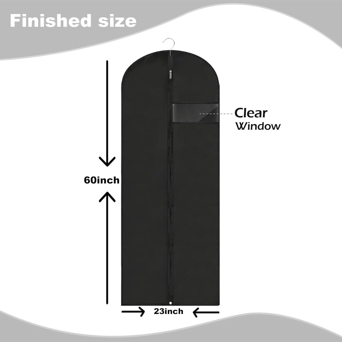 Dress Bags for Gowns Long, 60'' Garment Bags for Hanging Clothes, Suit Bag Cover for Storage and Travel, 2 Pack (Black)